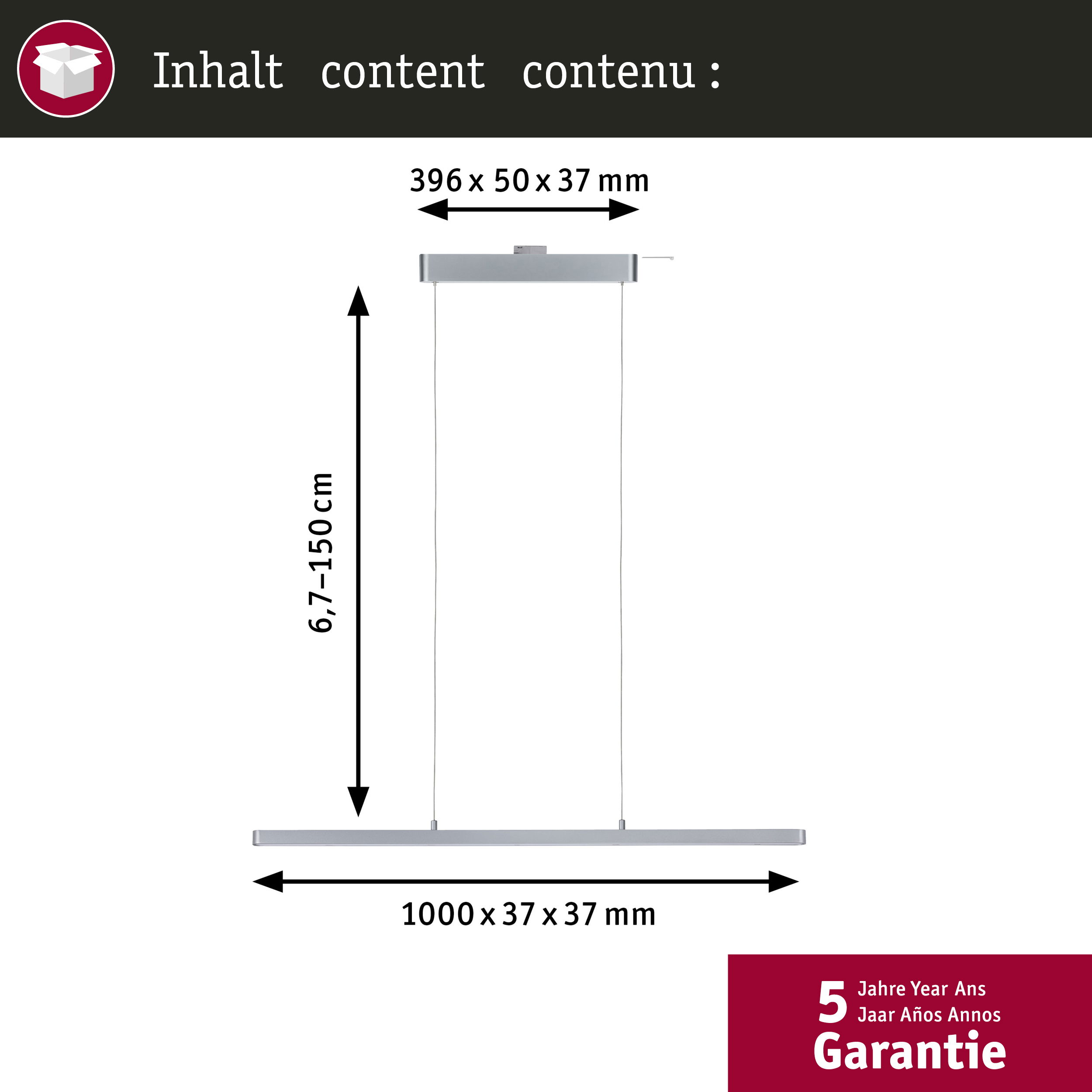 Wymiary lampy wiszącej: 1000x37x37mm, wysokość 6,7-150cm.