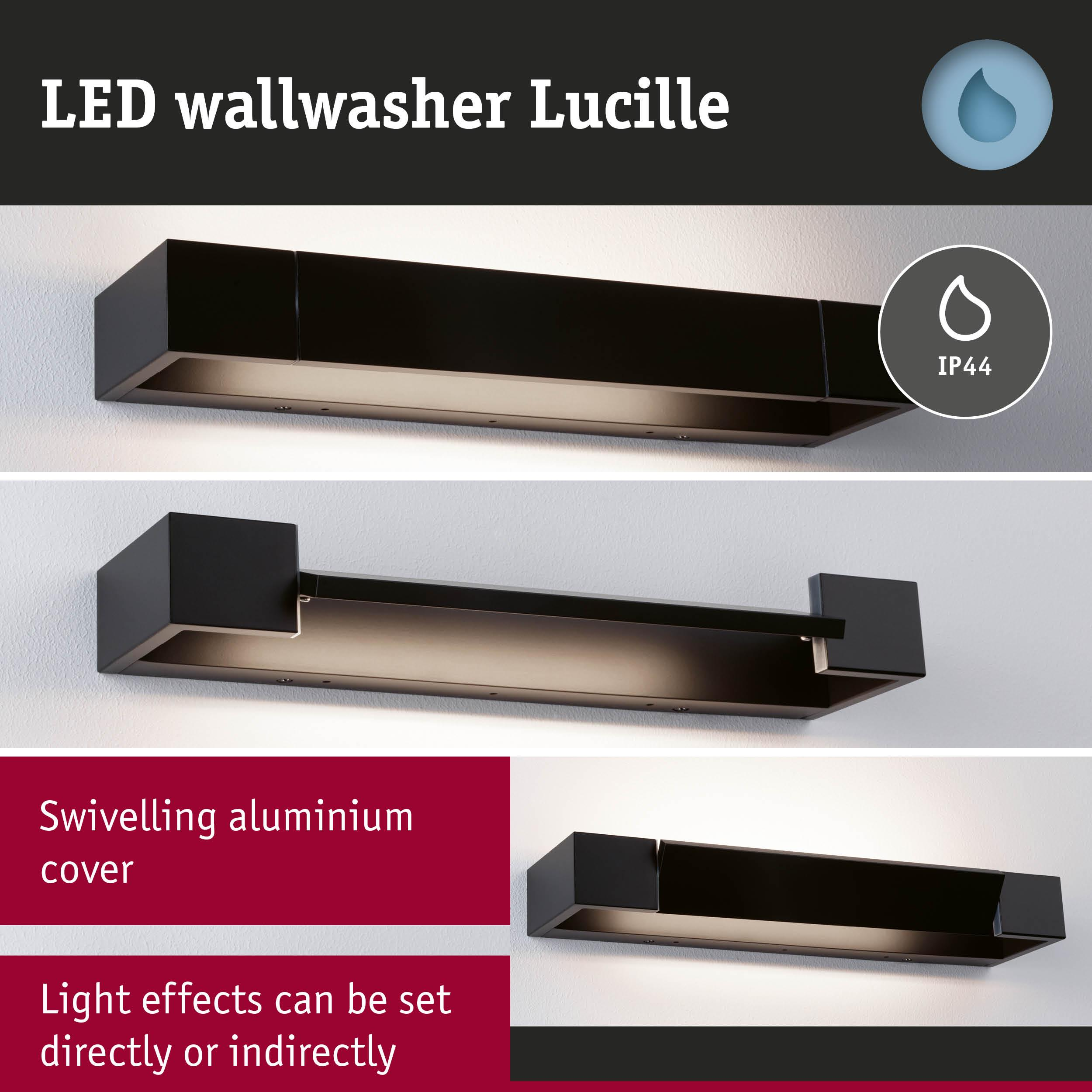 Schwarzer LED-Wandfluter Lucille mit schwenkbarer Aluminiumabdeckung, IP44.