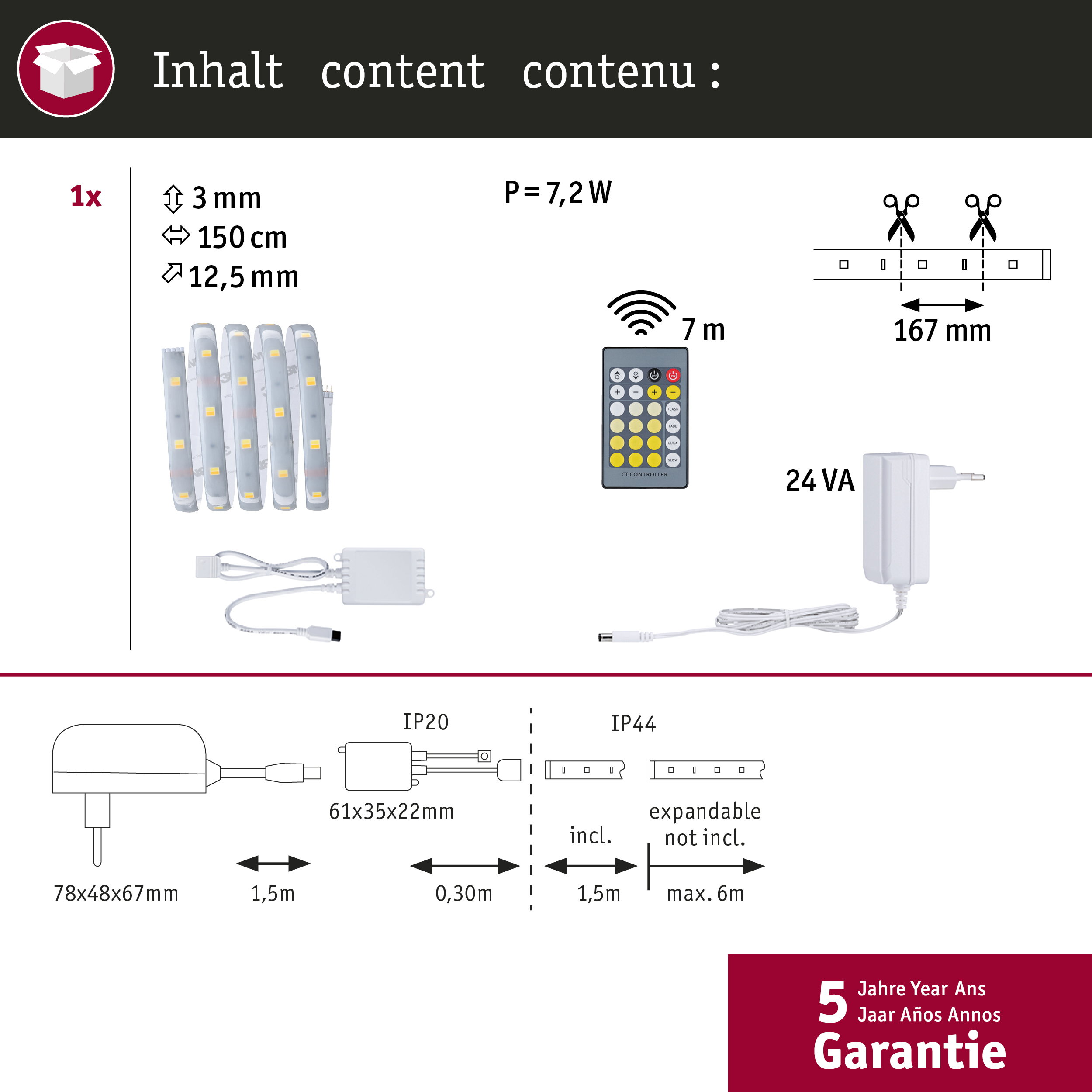 LED-Streifen-Set mit Fernbedienung, Netzteil, Maße und IP-Schutzarten.