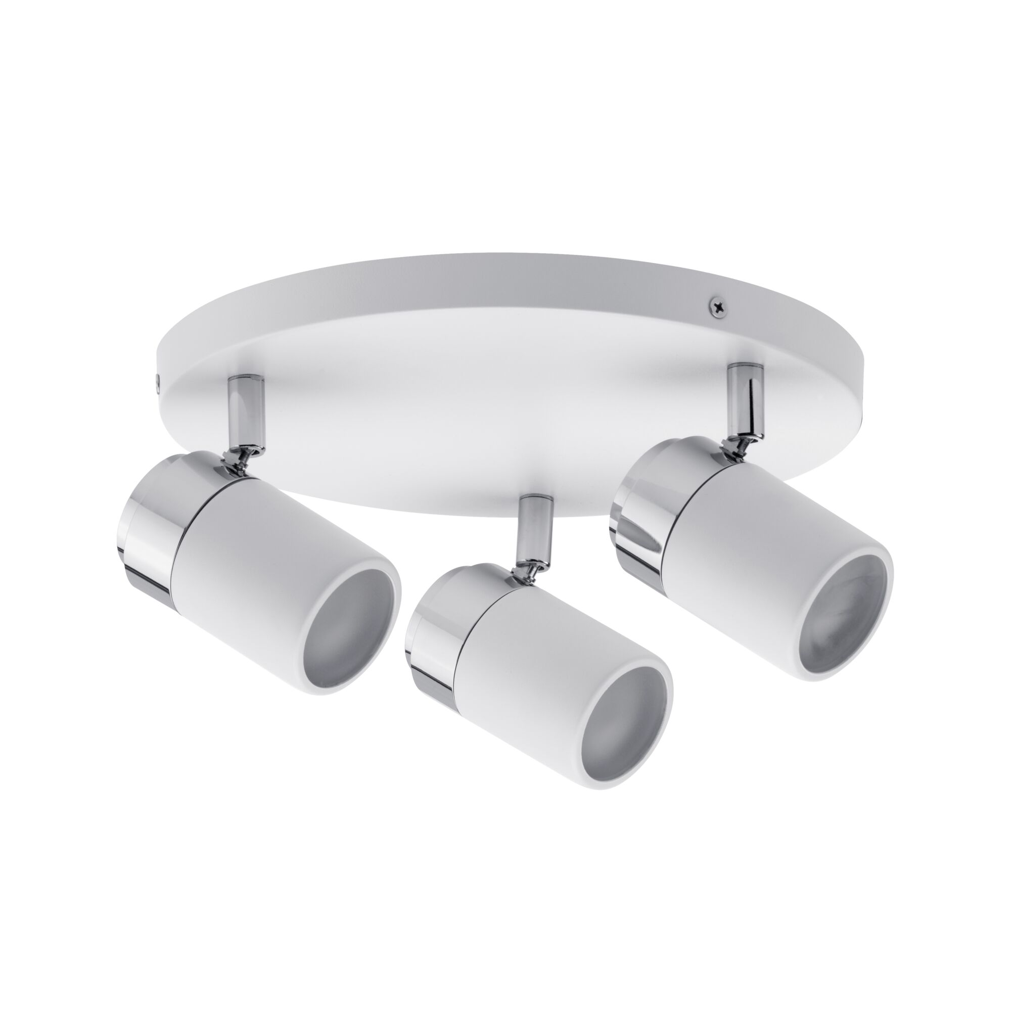 Faretti da soffitto bianchi con tre spot orientabili e finiture cromate.