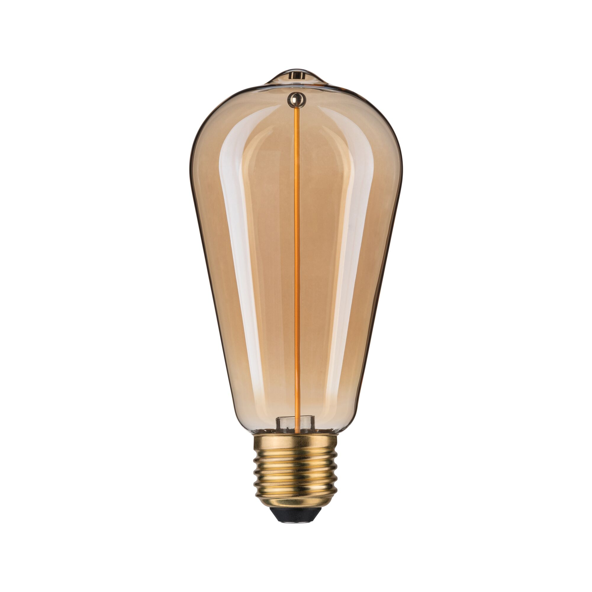 Une ampoule de couleur ambre avec une base dorée sur fond blanc.