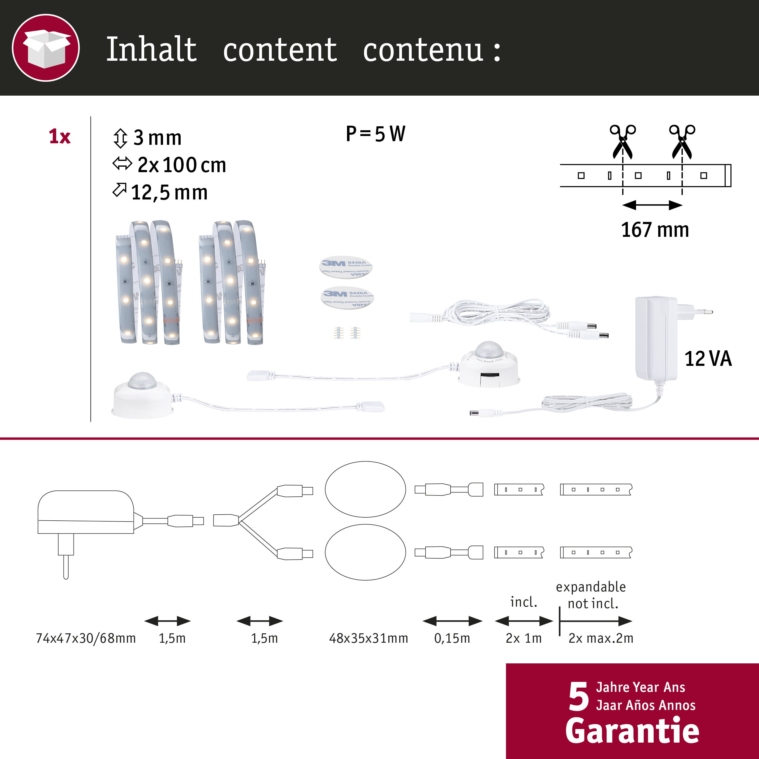 Packungsinhalt: LED-Streifen, 3M Klebeband, Sensoren, Netzteile, Kabel und Anleitung.