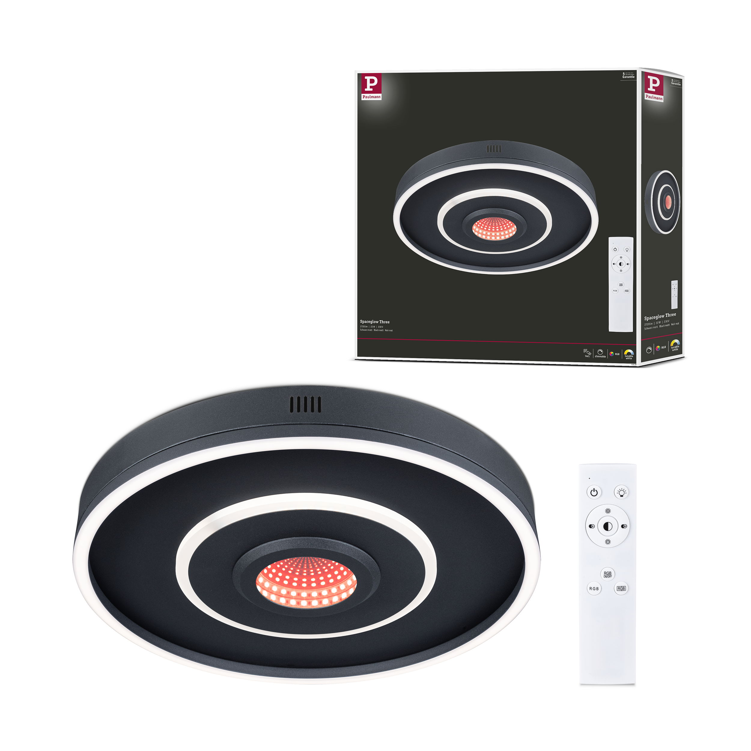 Okrągła ciemna lampa sufitowa z białymi pierścieniami i czerwonym rdzeniem LED, obok pilot.