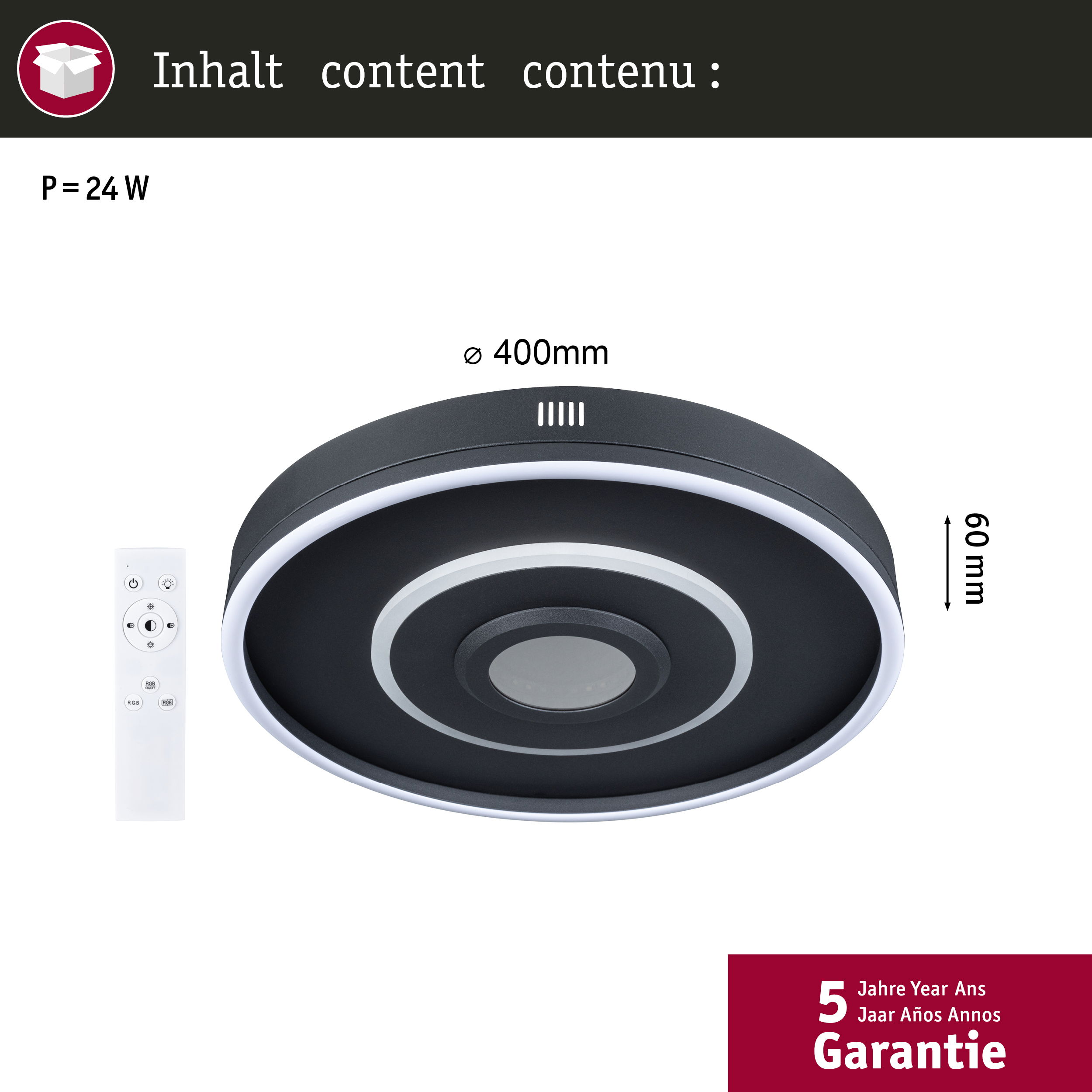 Czarna lampa sufitowa z pilotem i informacją o gwarancji.