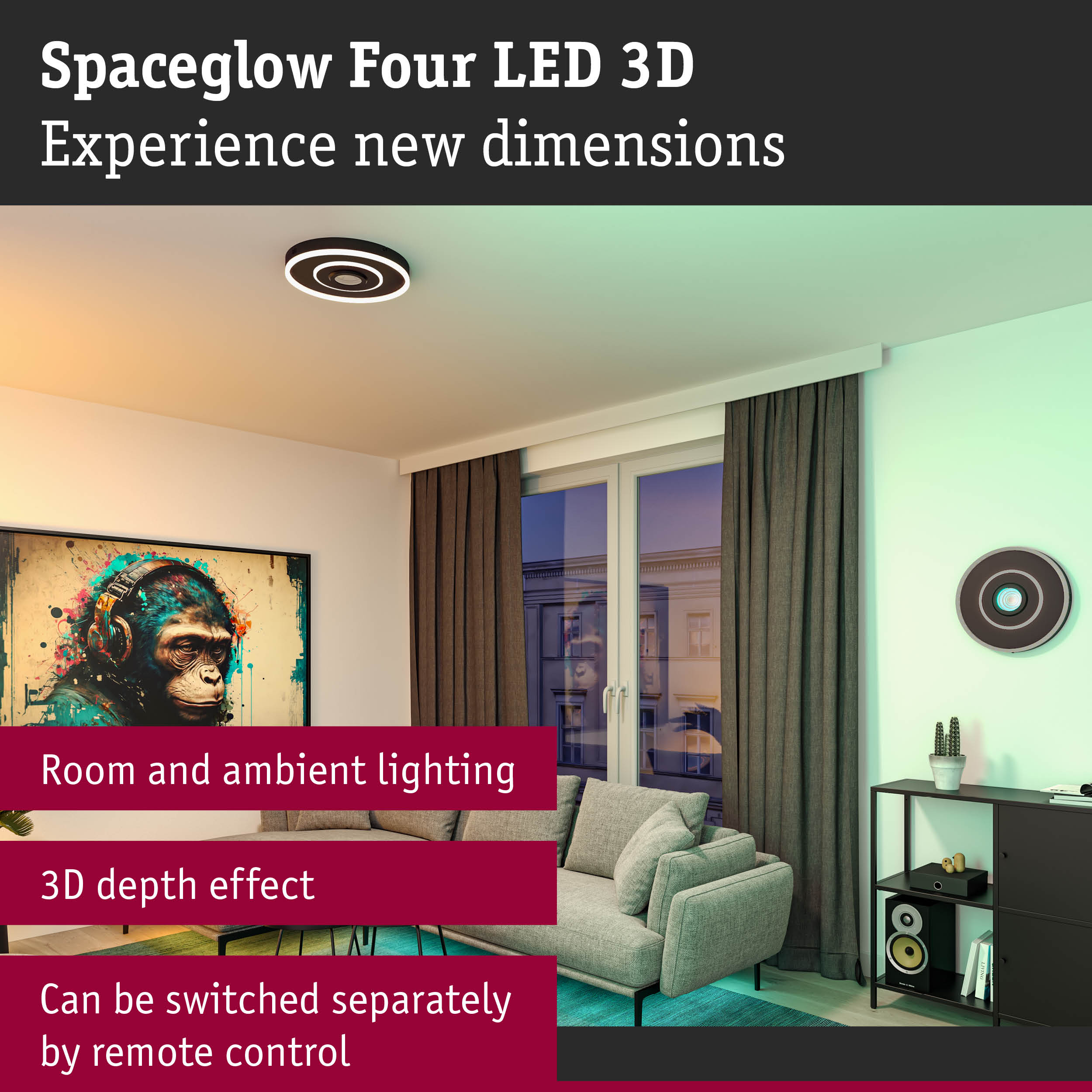 Nowoczesny salon z dziełem sztuki, sofą i elementami oświetlenia.