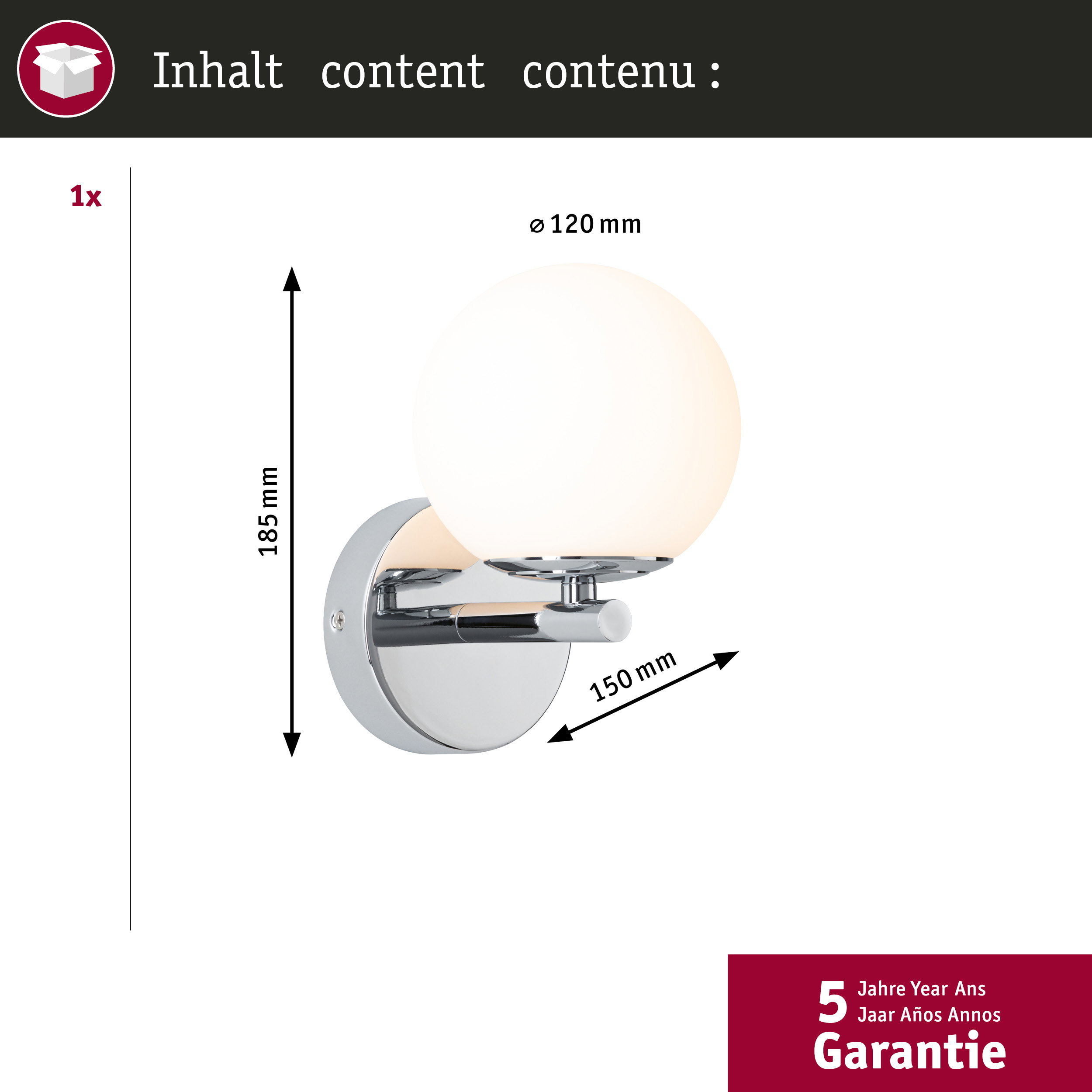 Kinkiet z kulistym dyfuzorem, wymiary: 185x120x150mm.