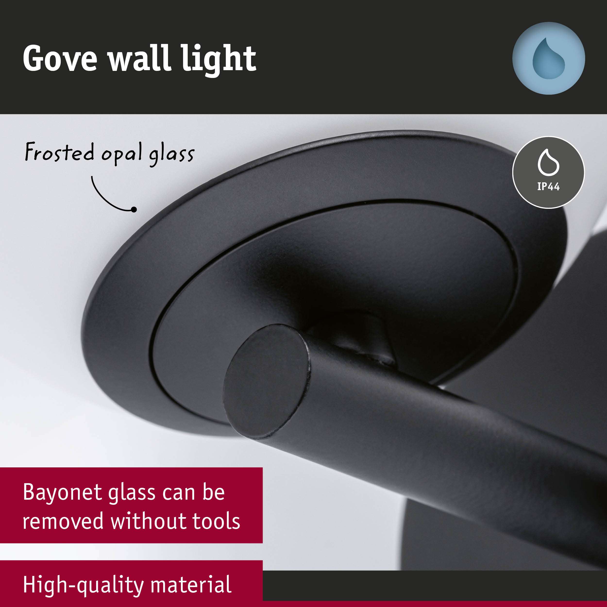 Lampa ścienna Gove z matowym szkłem i stopniem ochrony IP44.