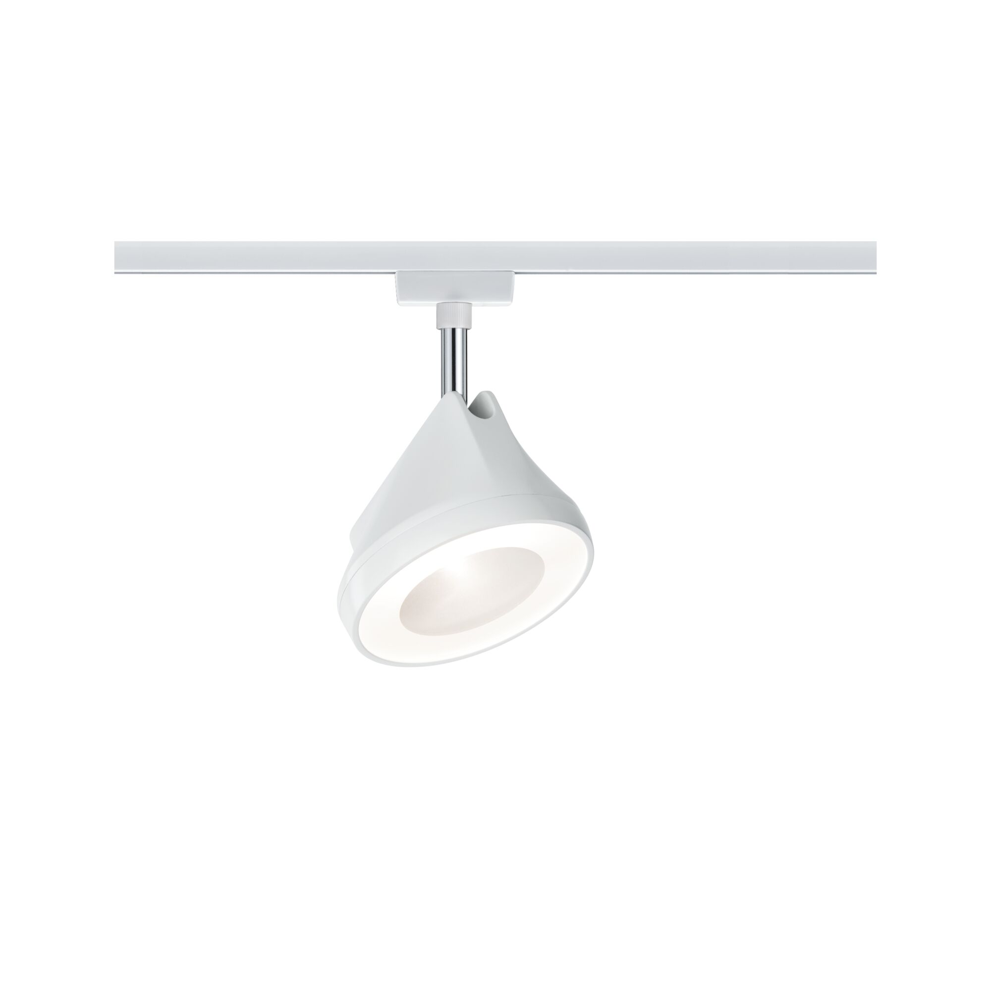 Biaa lampa szynowa o nowoczesnym designie zamontowana na biaej szynie.