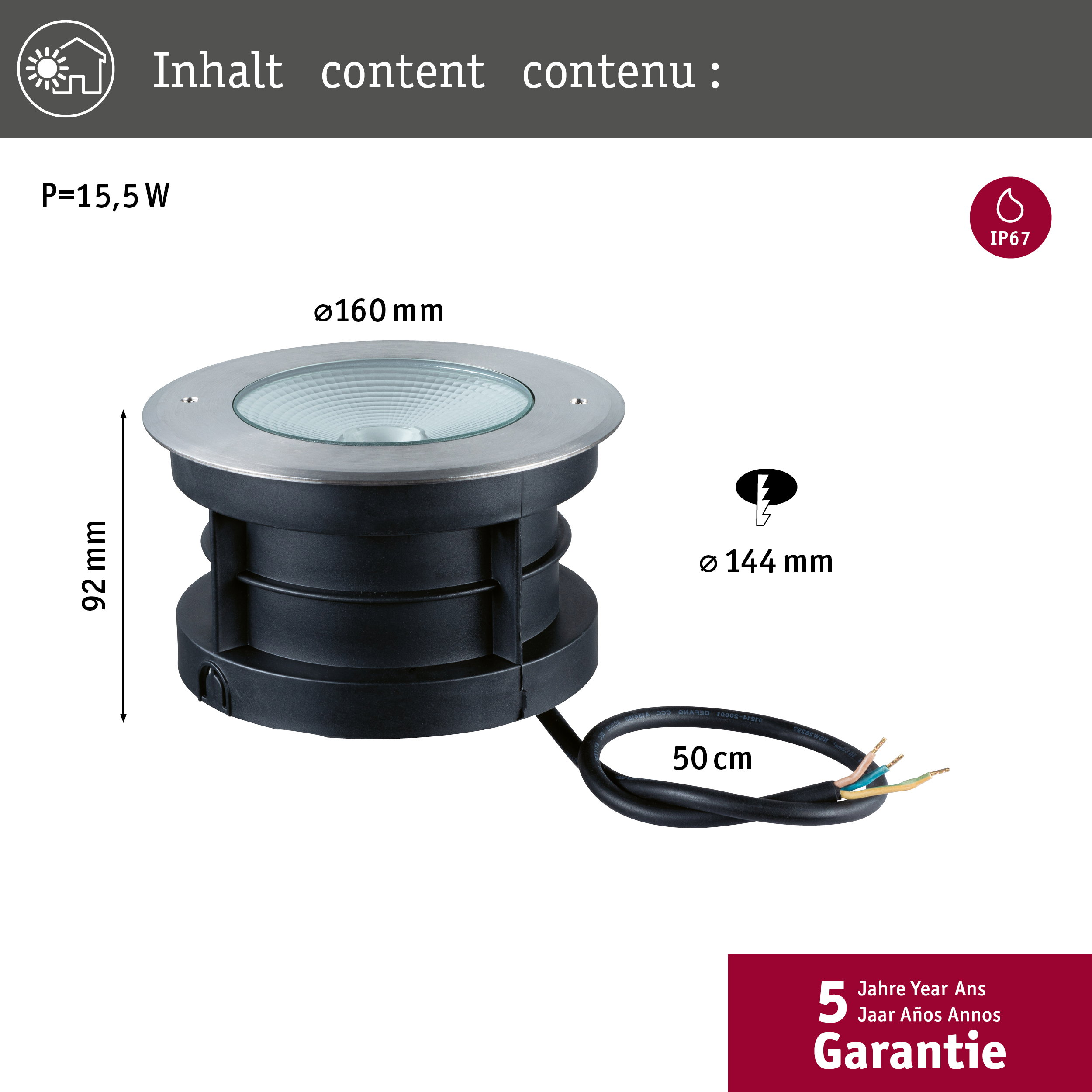 Bodenleuchte mit 160mm Durchmesser, 92mm Höhe, 15,5W, IP67, 50cm Kabel.
