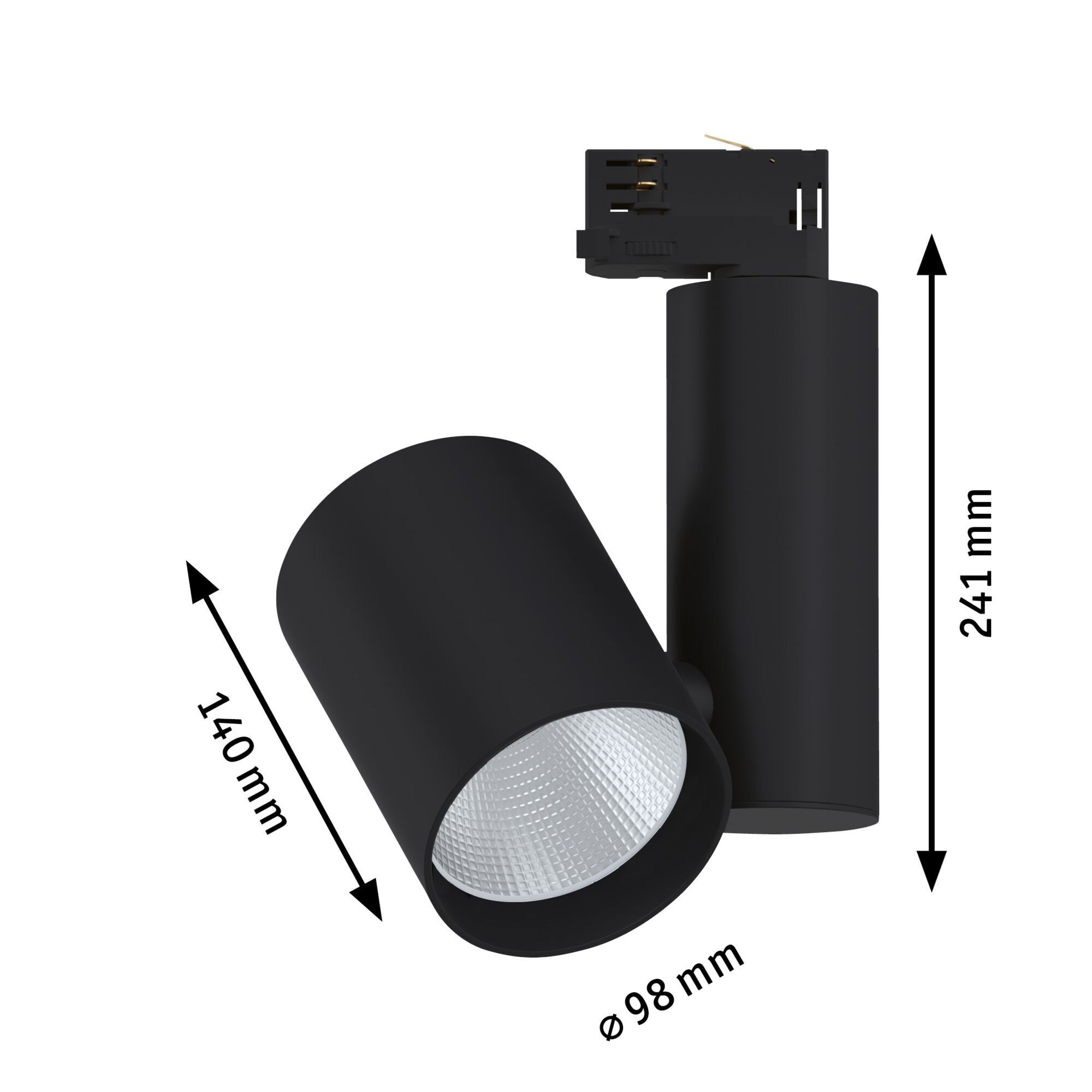 Schwarzer, zylindrischer Strahler mit Schienenadapter. Maße: 98mm Ø, 140mm und 241mm.