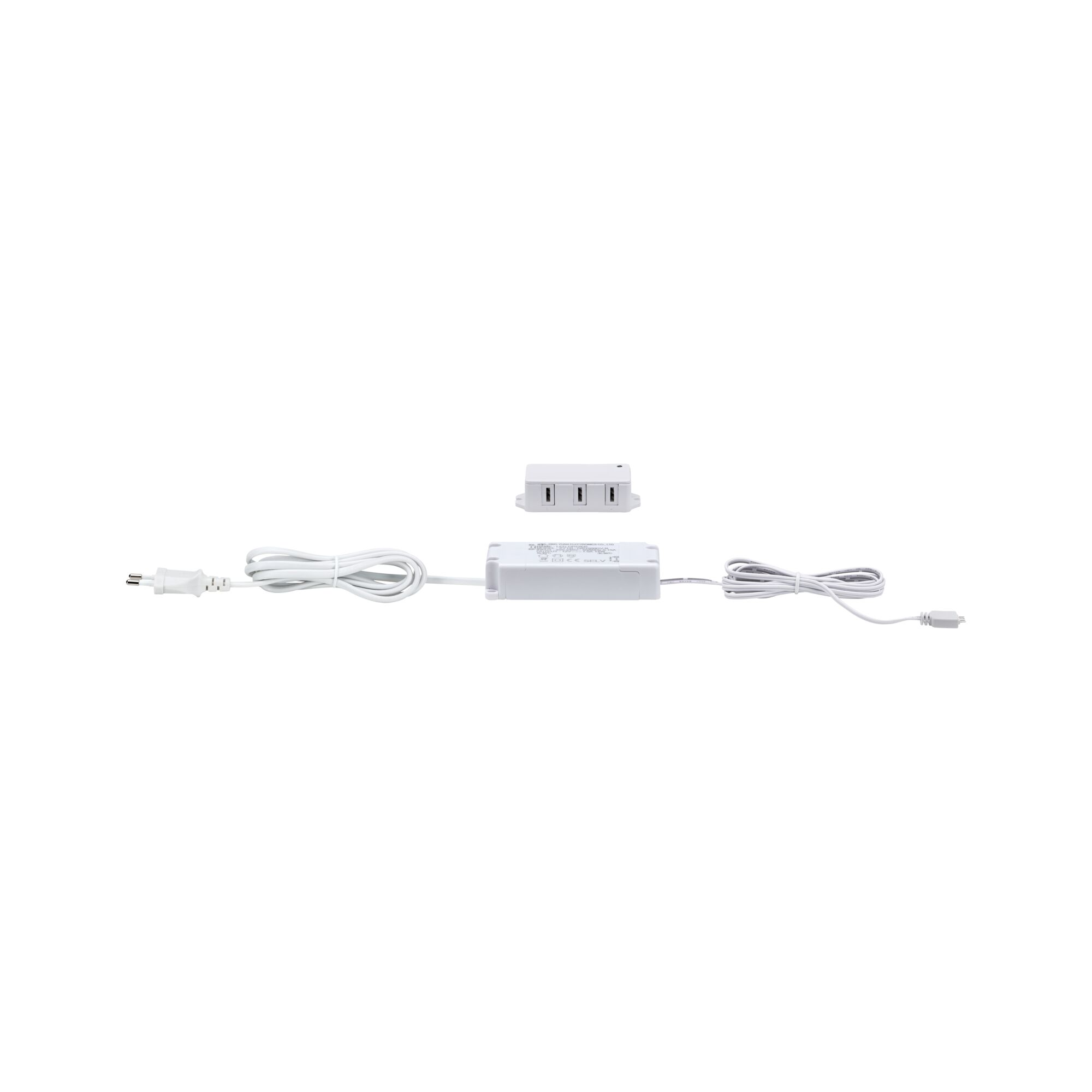 Adattatore di alimentazione bianco con cavi e una piccola scatola splitter.