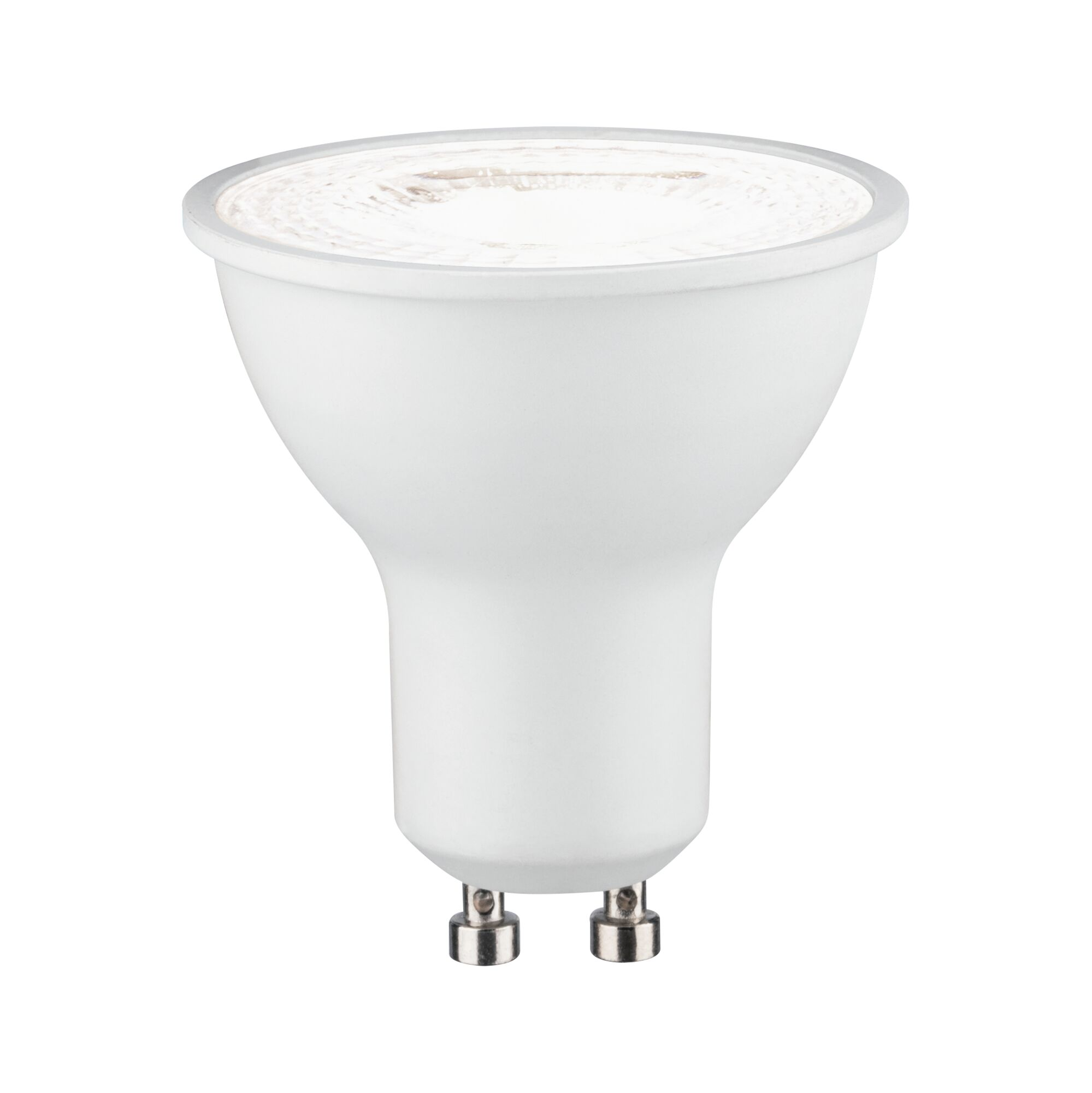 Weiße LED-Lampe mit silbernem Sockel und zwei Metallstiften.
