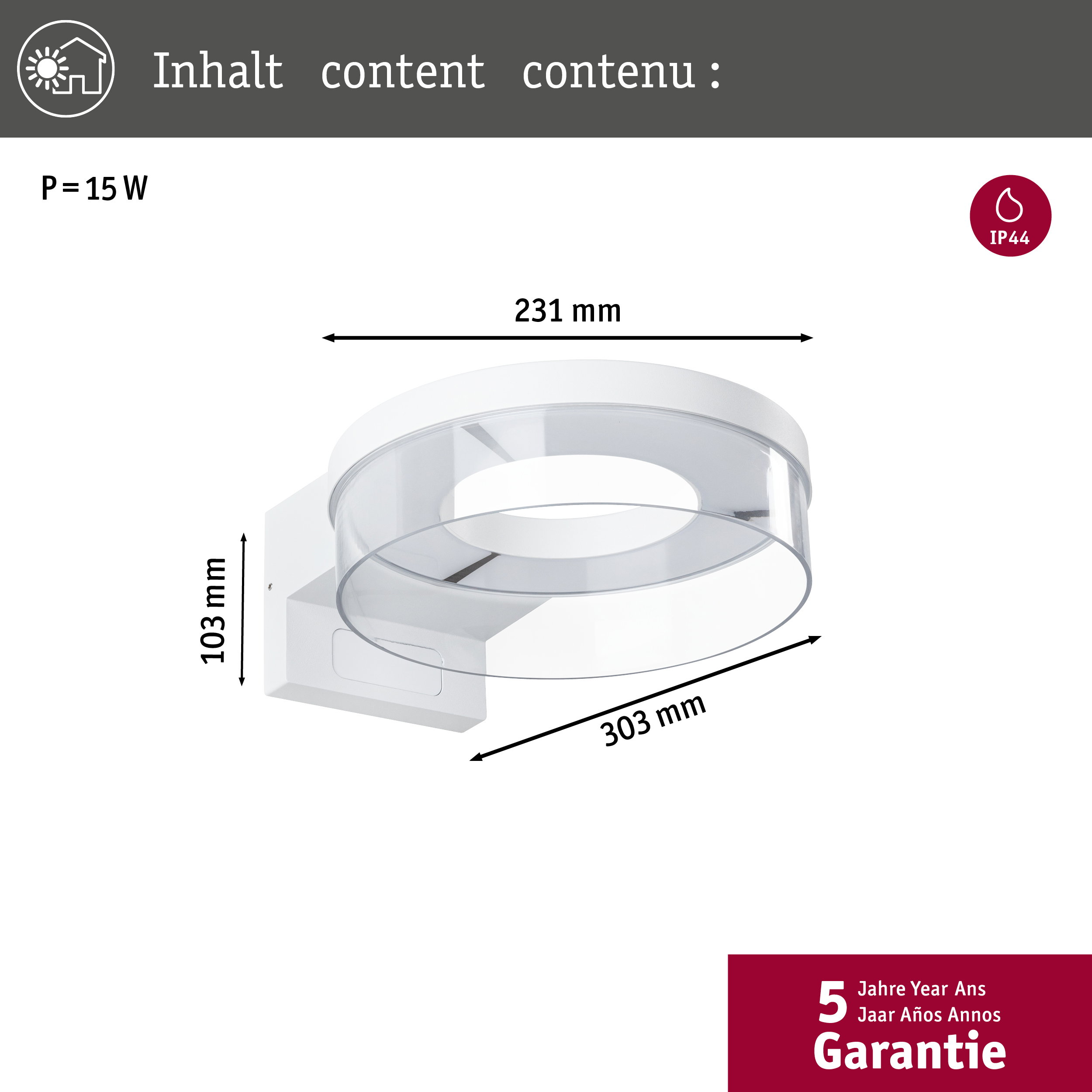 Biała lampa ścienna z przezroczystym cylindrem, 15W, 103x231x303mm, IP44.