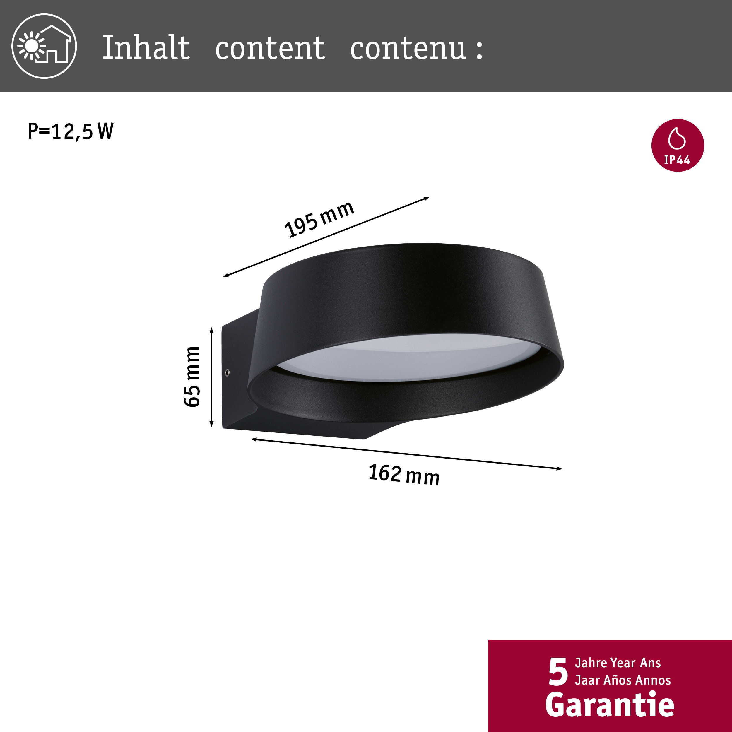 Czarna lampa ścienna o wymiarach: 195 mm szerokości, 65 mm wysokości, 162 mm głębokości.