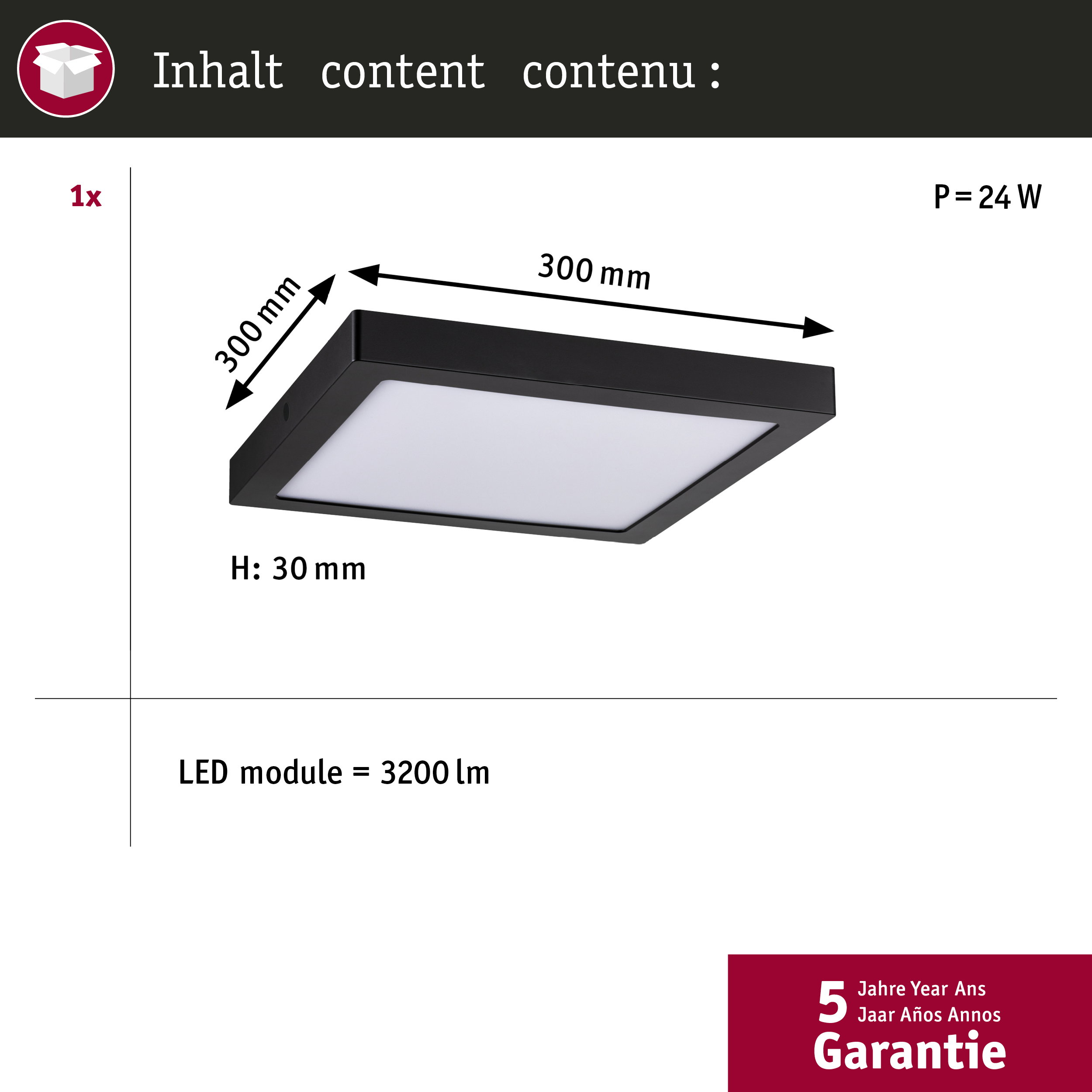 Un pannello LED quadrato nero da 300mm.