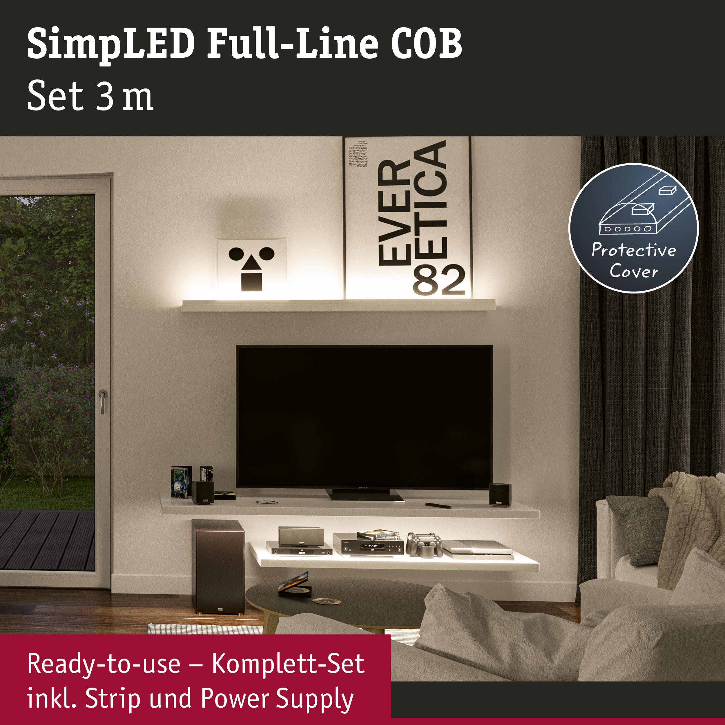 Pokój dzienny z telewizorem, półką, kanapą i tekstem o oświetleniu SimpLED.