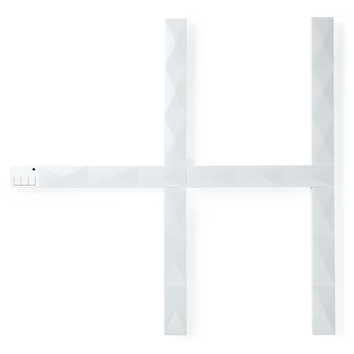 A white, geometric wall light shaped like the letter H.