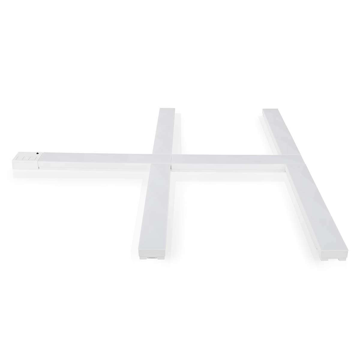 A white metal frame in a cross shape on a white background.