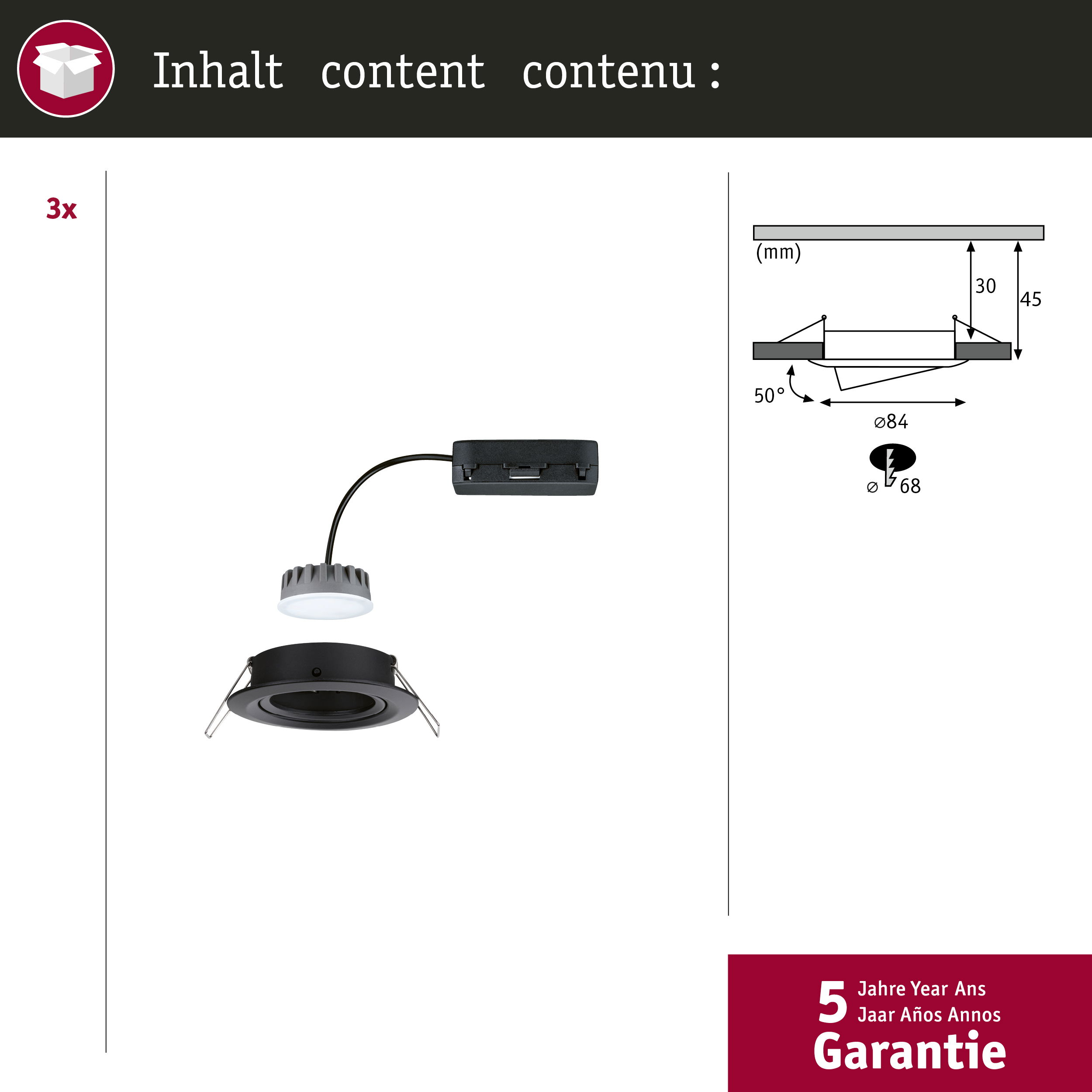 Zawartość z 3x reflektorem wpuszczanym, kablem, sterownikiem.
