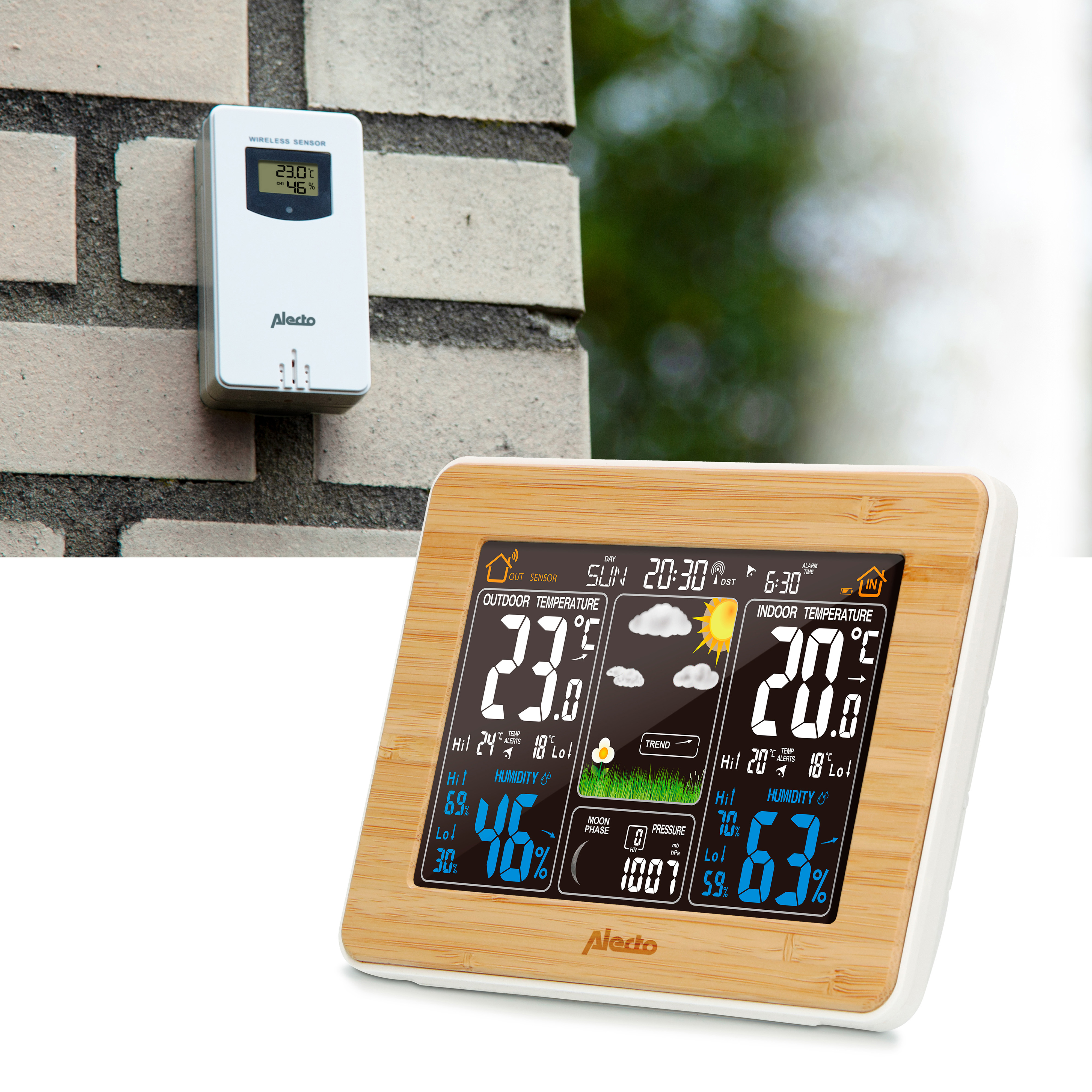 Ein kabelloser Außensensor und eine Wetterstation mit Holzrahmen zeigen Innen- und Außentemperatur an.