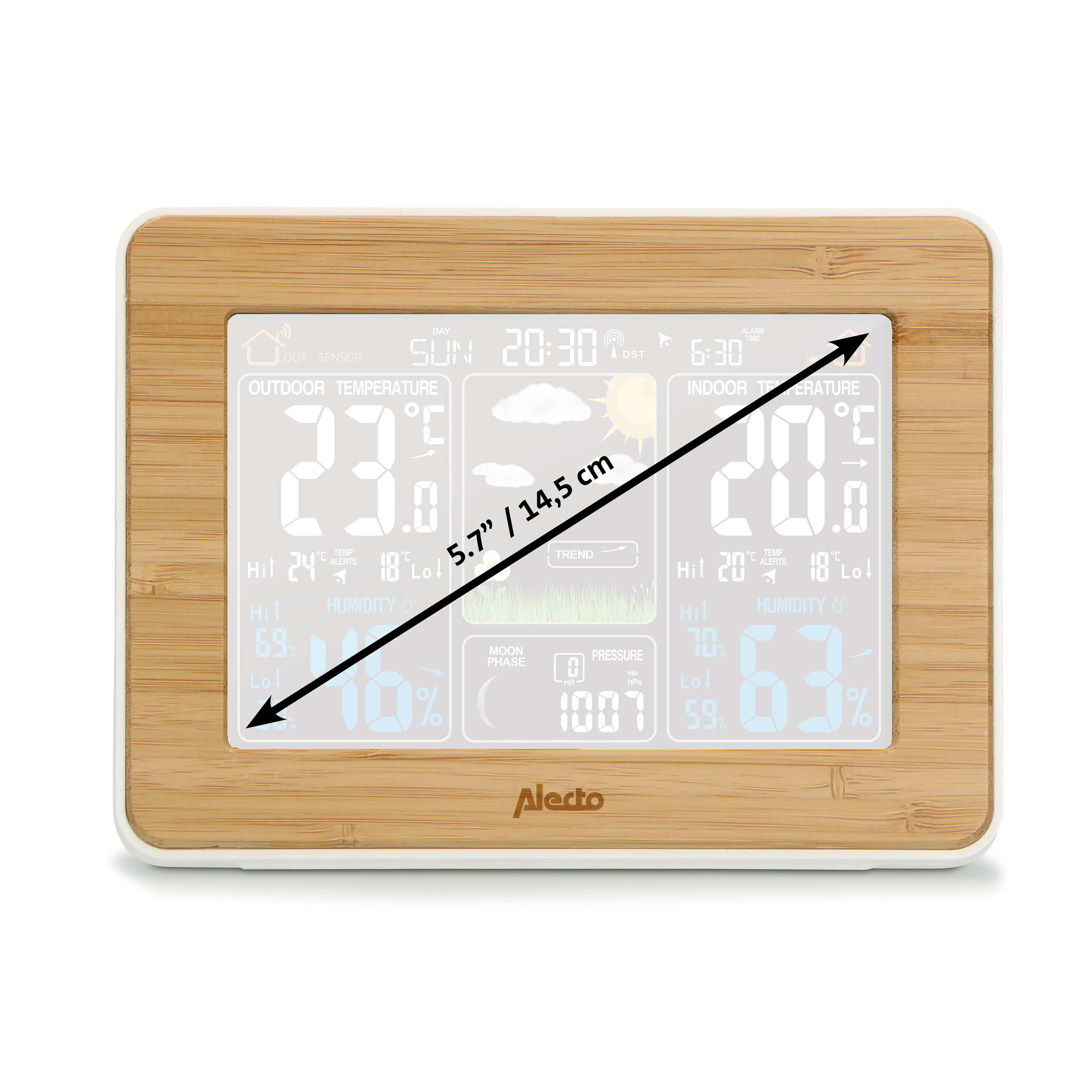 Digitaluhr mit Holzrahmen zeigt Außentemperatur 23°C, Innentemperatur 20°C, Luftfeuchtigkeit 69% und 70%.