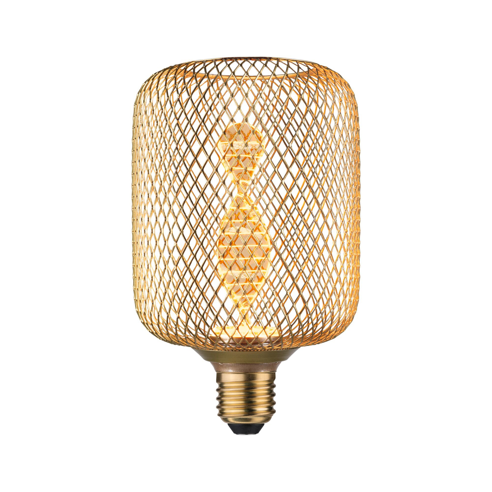 Złota żarówka z kloszem z siatki drucianej i widocznym żarnikiem.