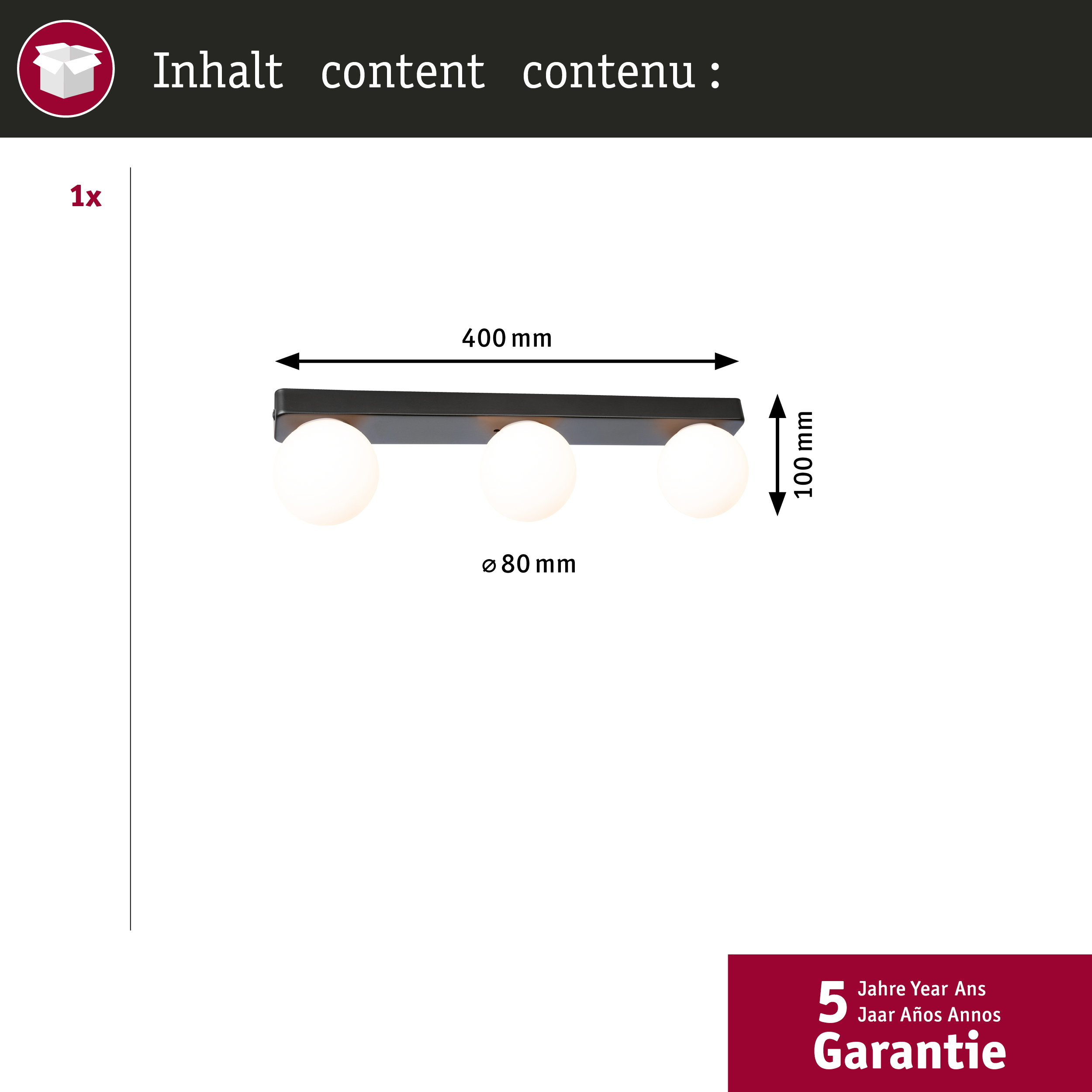 Schwarze Leuchte mit 3 Kugeln, 400mm lang, 100mm hoch, 80mm Durchmesser.