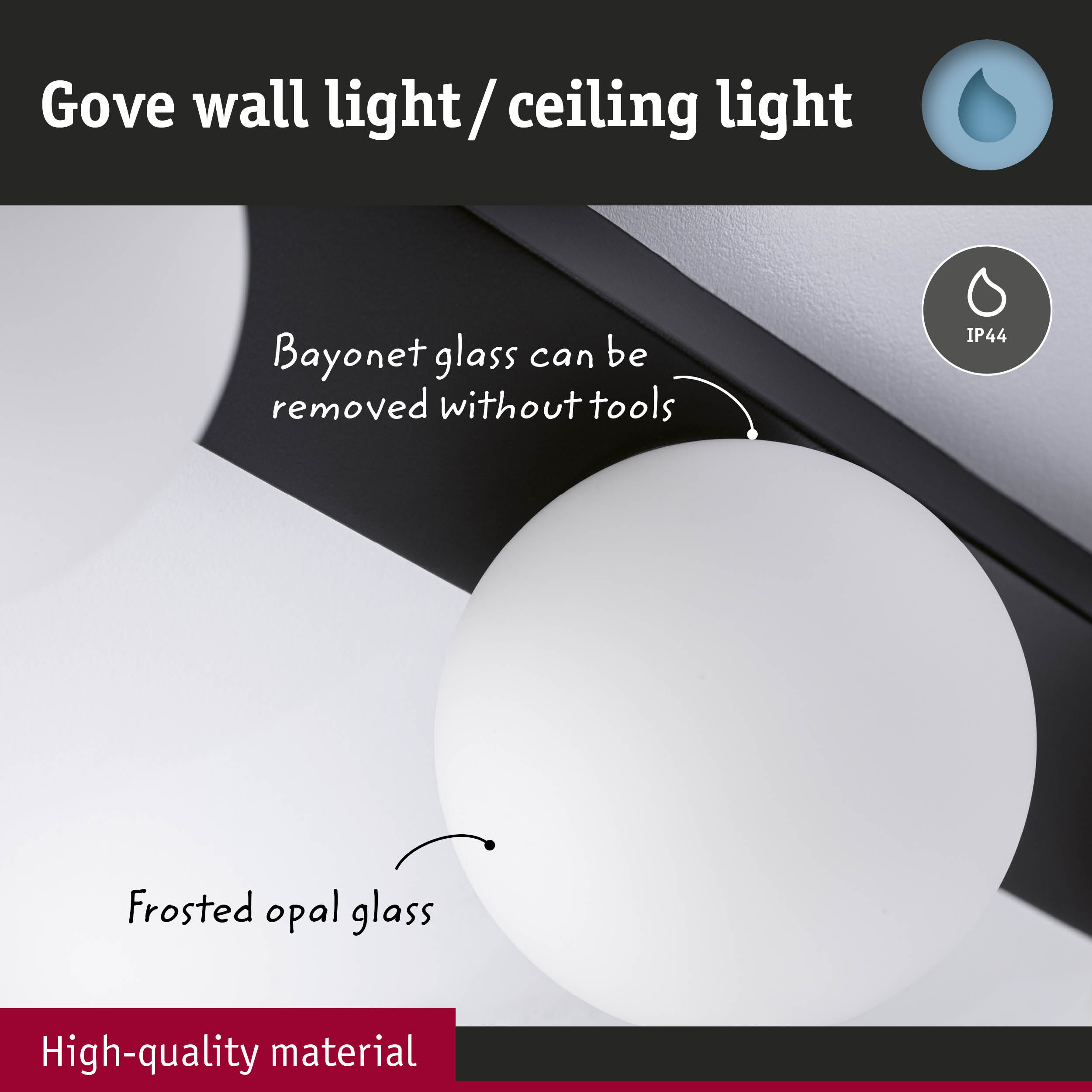 Gove Wand-/Deckenleuchte mit mattem Opalglas und IP44.