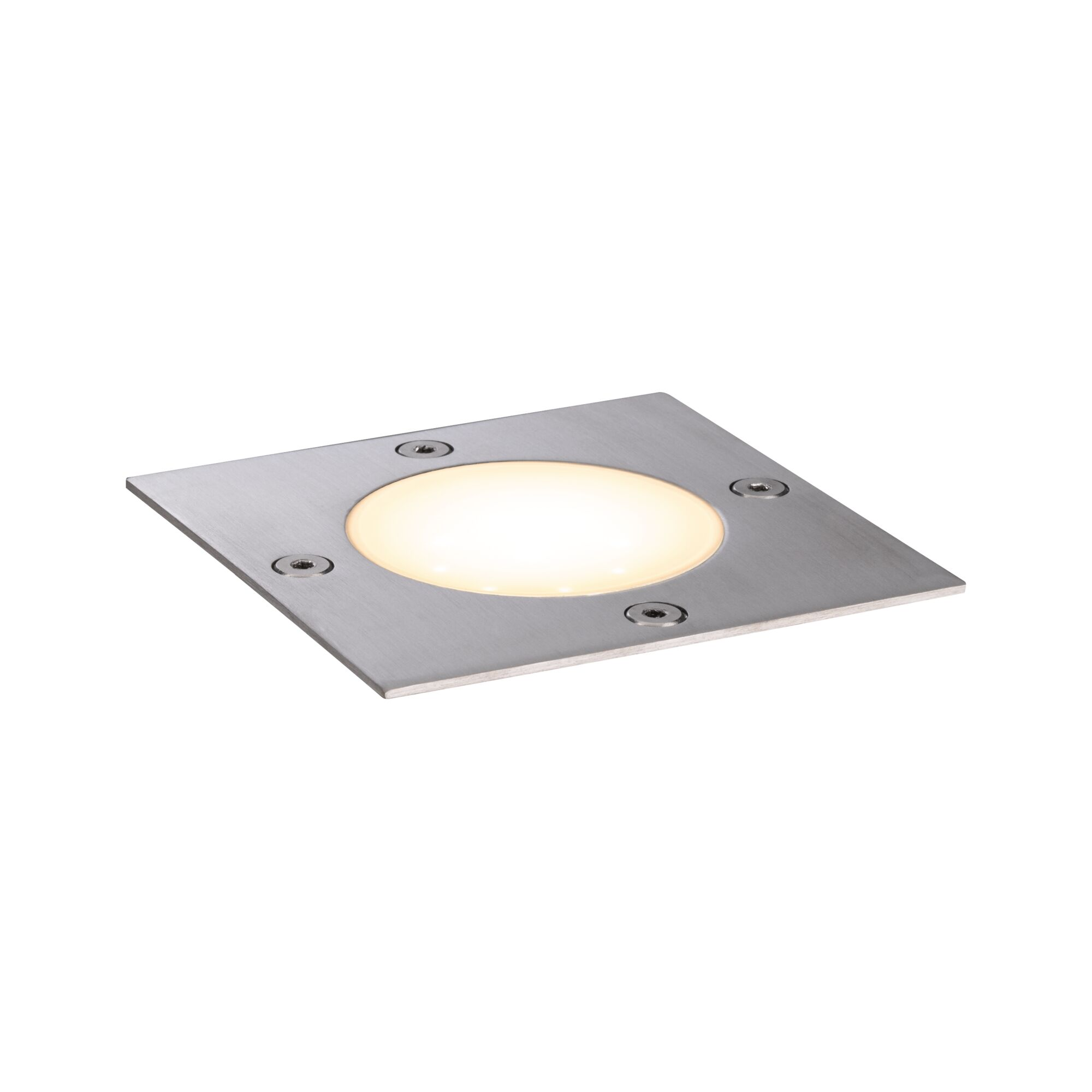 Una lampada quadrata da incasso con cornice in metallo argentato e luce bianco caldo.