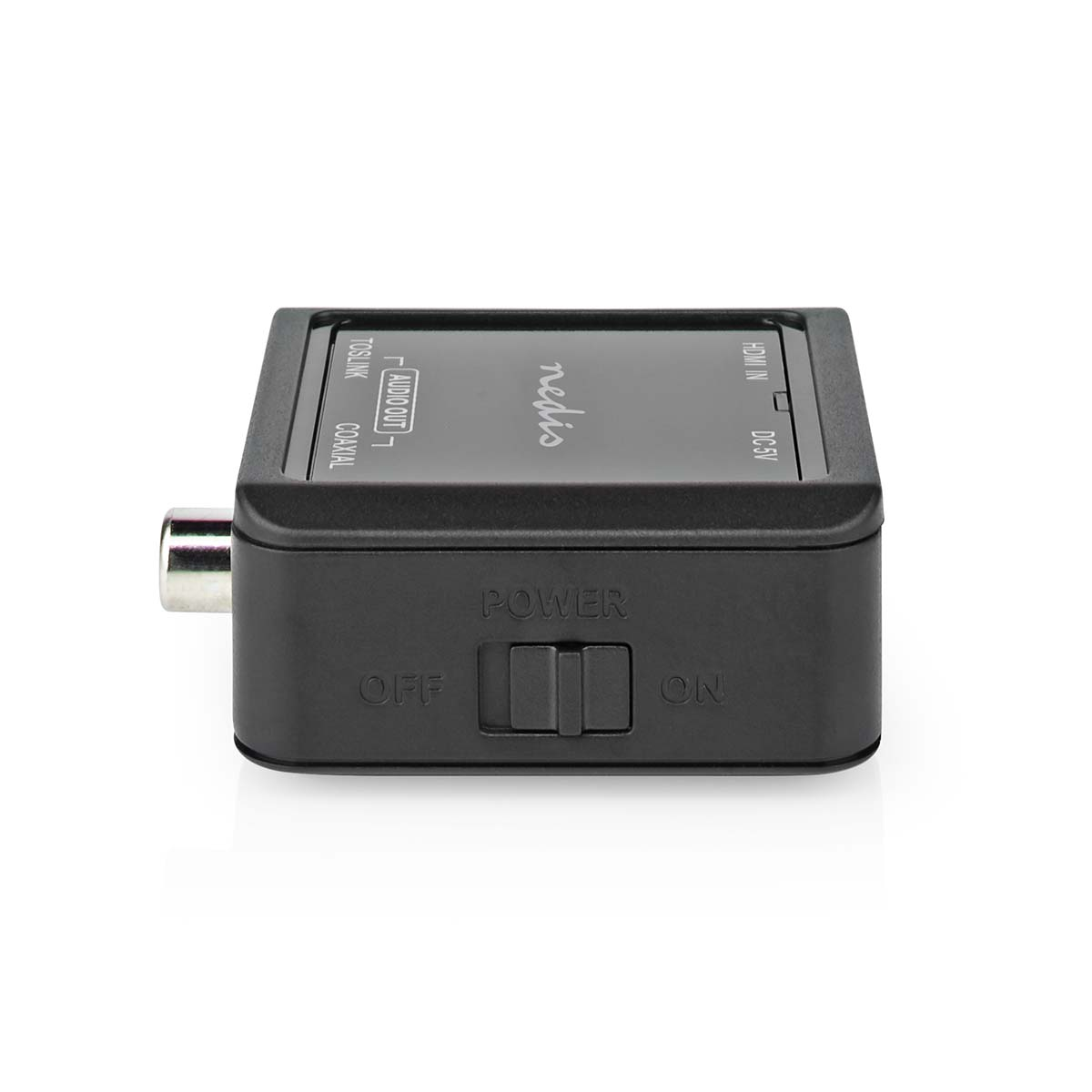 Schwarzer Audio-Konverter mit Anschlüssen: TOSLINK, COAXIAL, AUDIO OUT, HDMI IN, DC 5V.