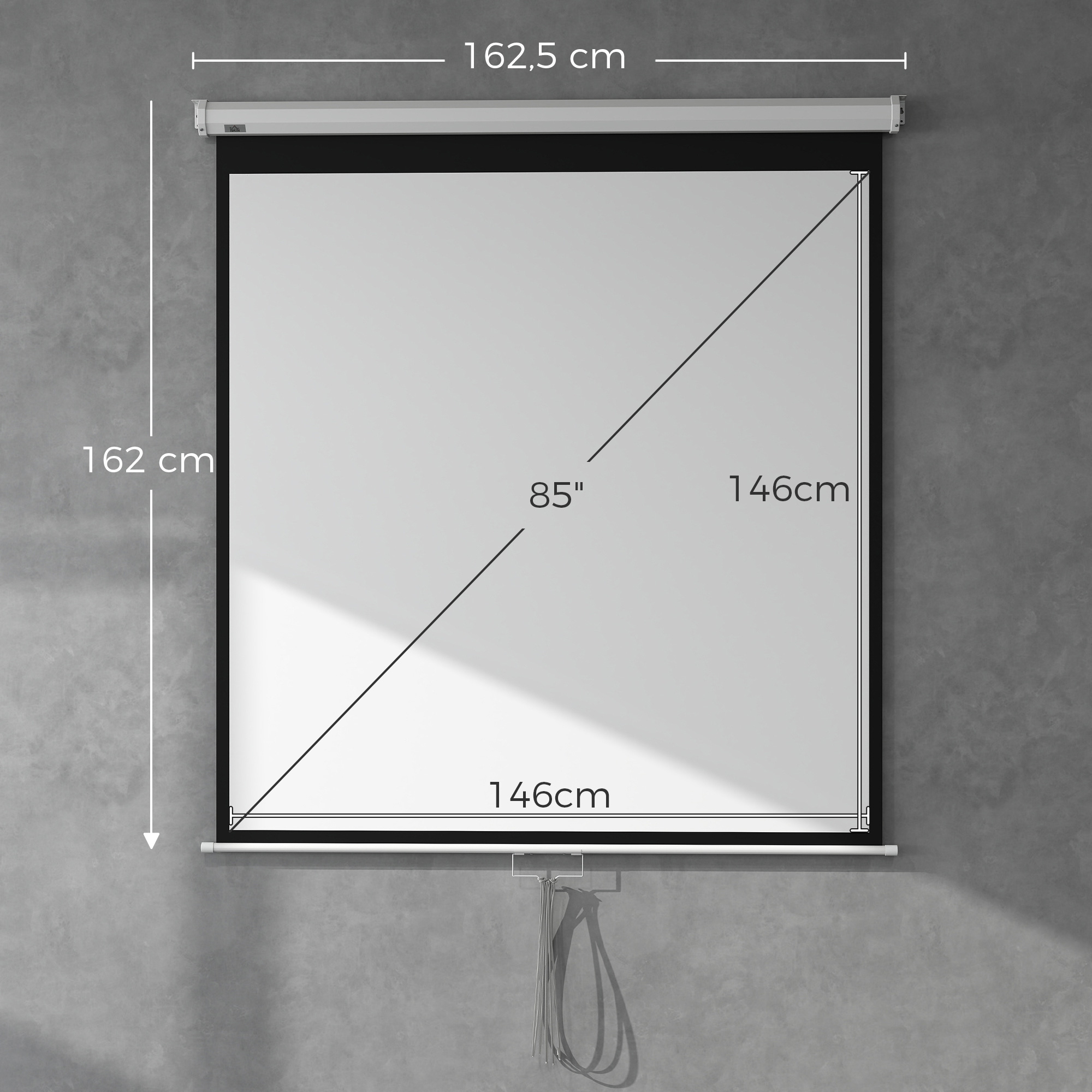 Una pantalla de proyección blanca está montada en una pared gris. Se muestran dimensiones.