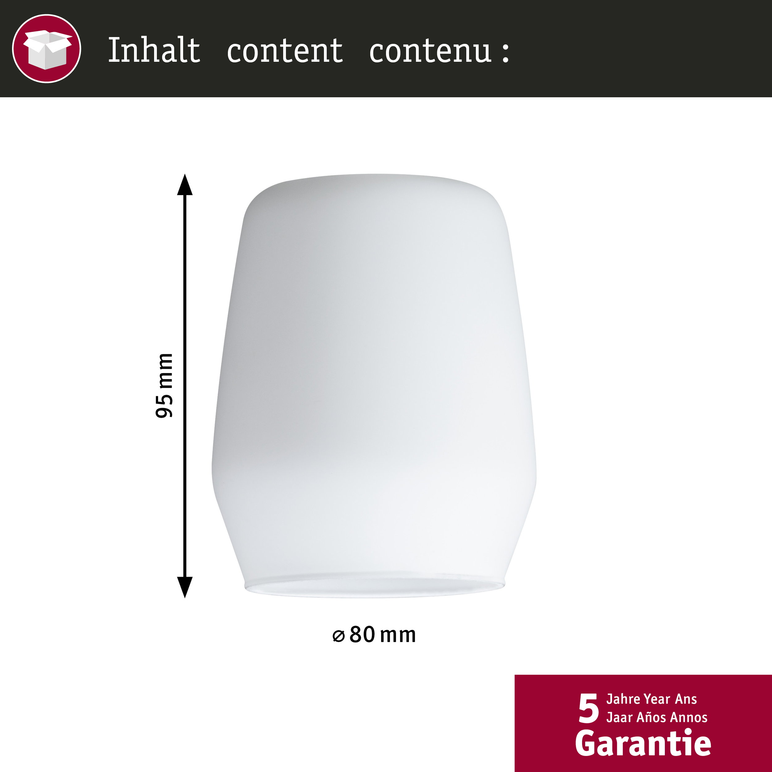 Eine weiße, zylindrische Lampe mit 95 mm Höhe und 80 mm Durchmesser.