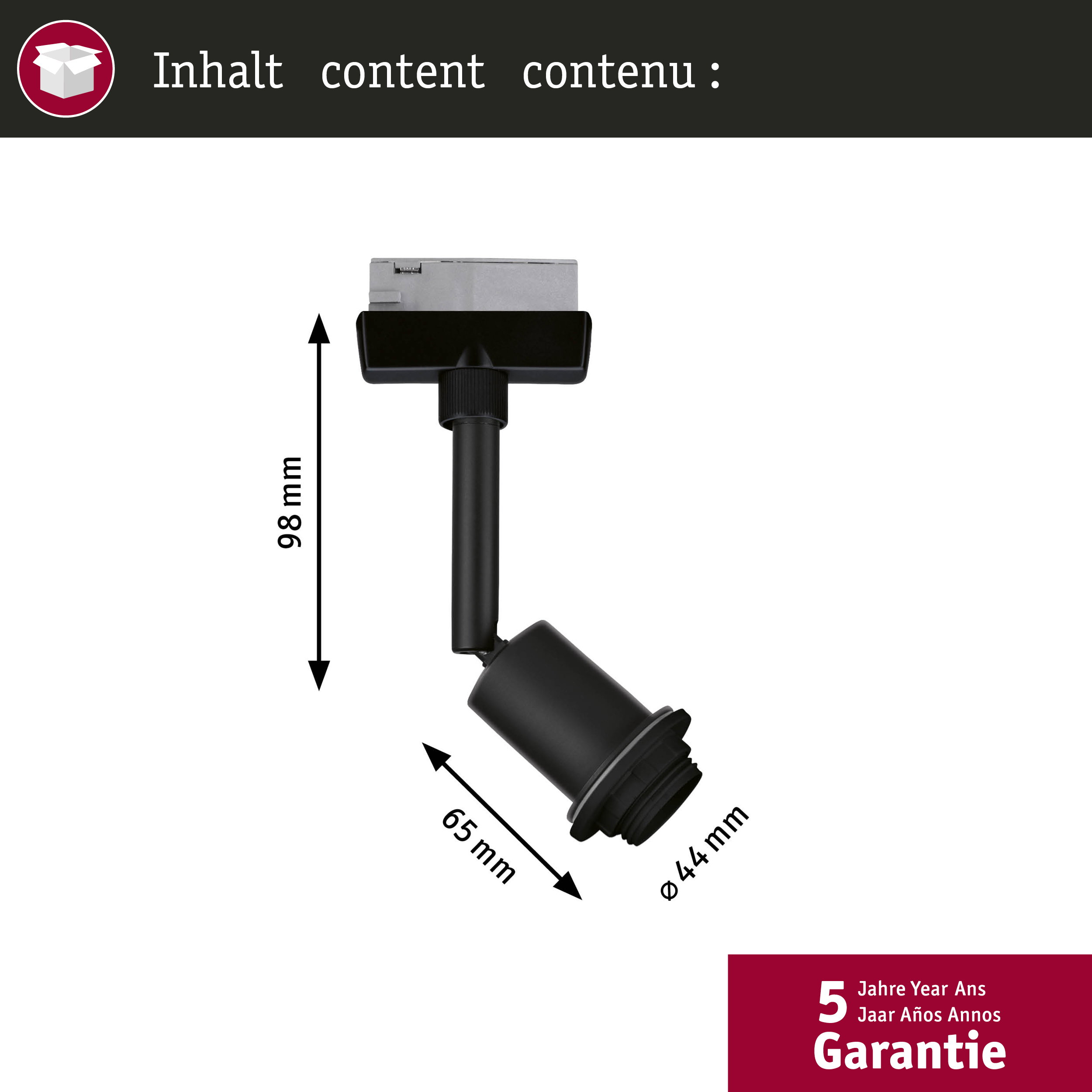 Schwarzer Strahler mit Maßen 98x65x44mm und 5 Jahre Garantie.