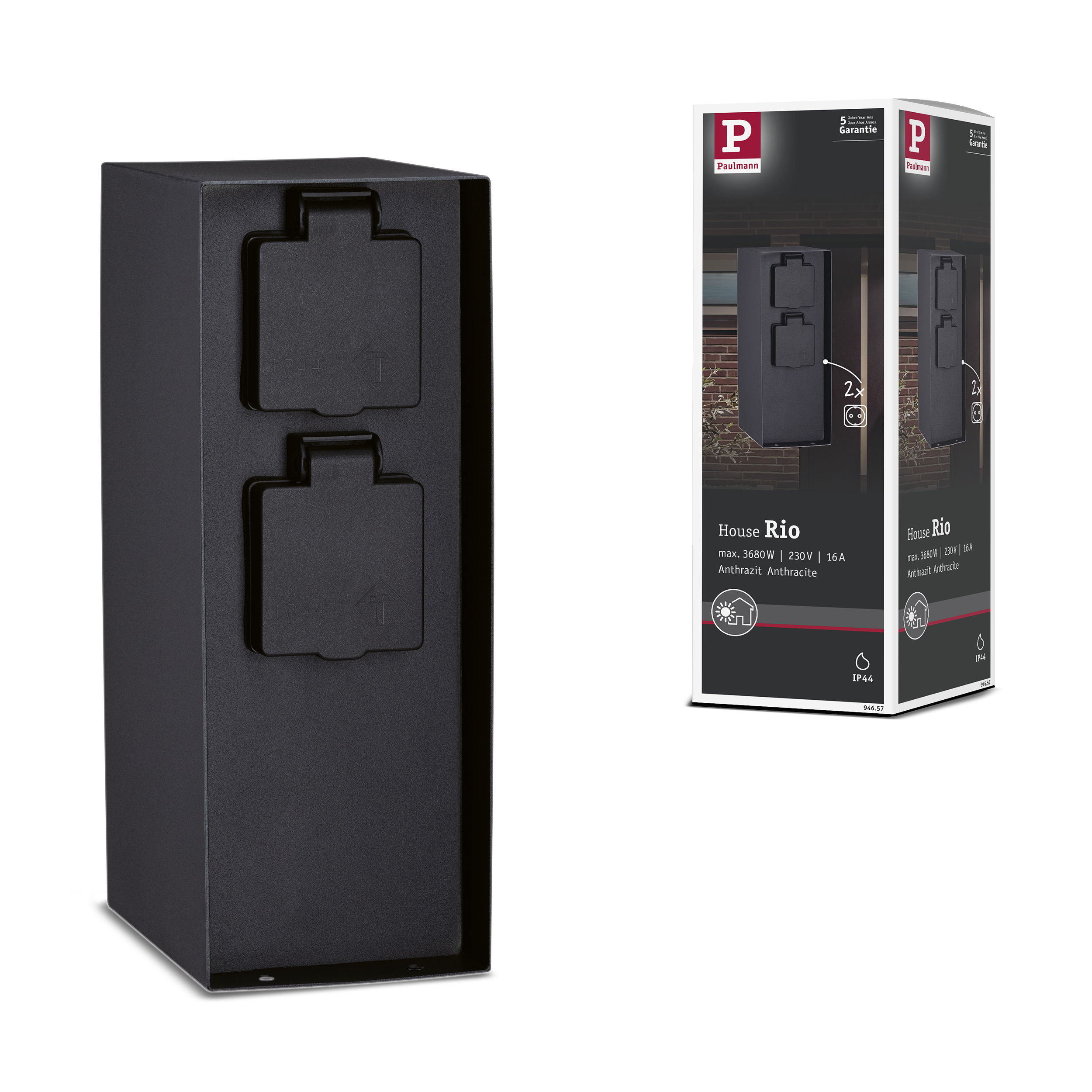 Czarny rozdzielacz zasilania z dwoma gniazdami i opakowaniem.