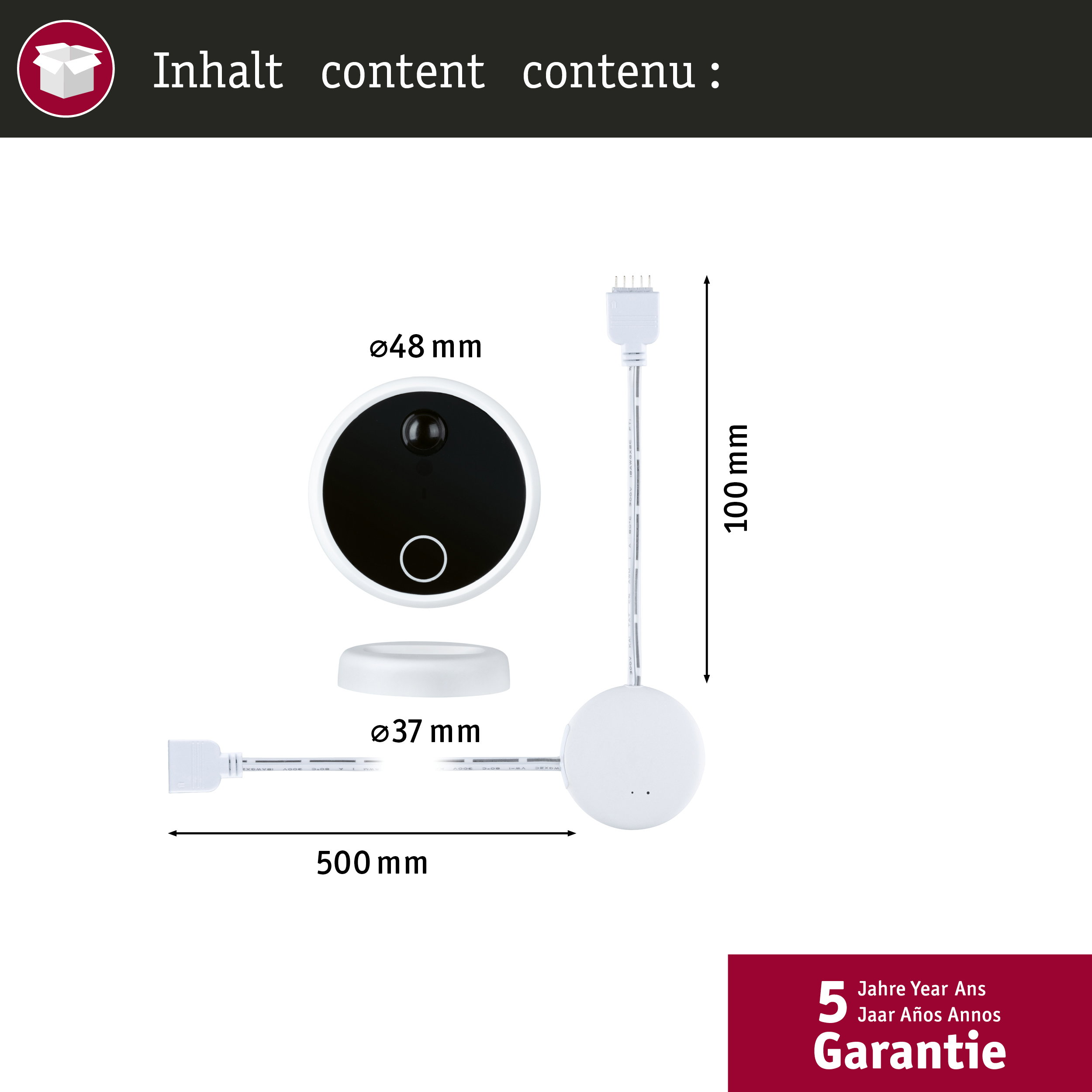 Technische Zeichnung eines weißen Geräts mit Maßen und Kabeln.