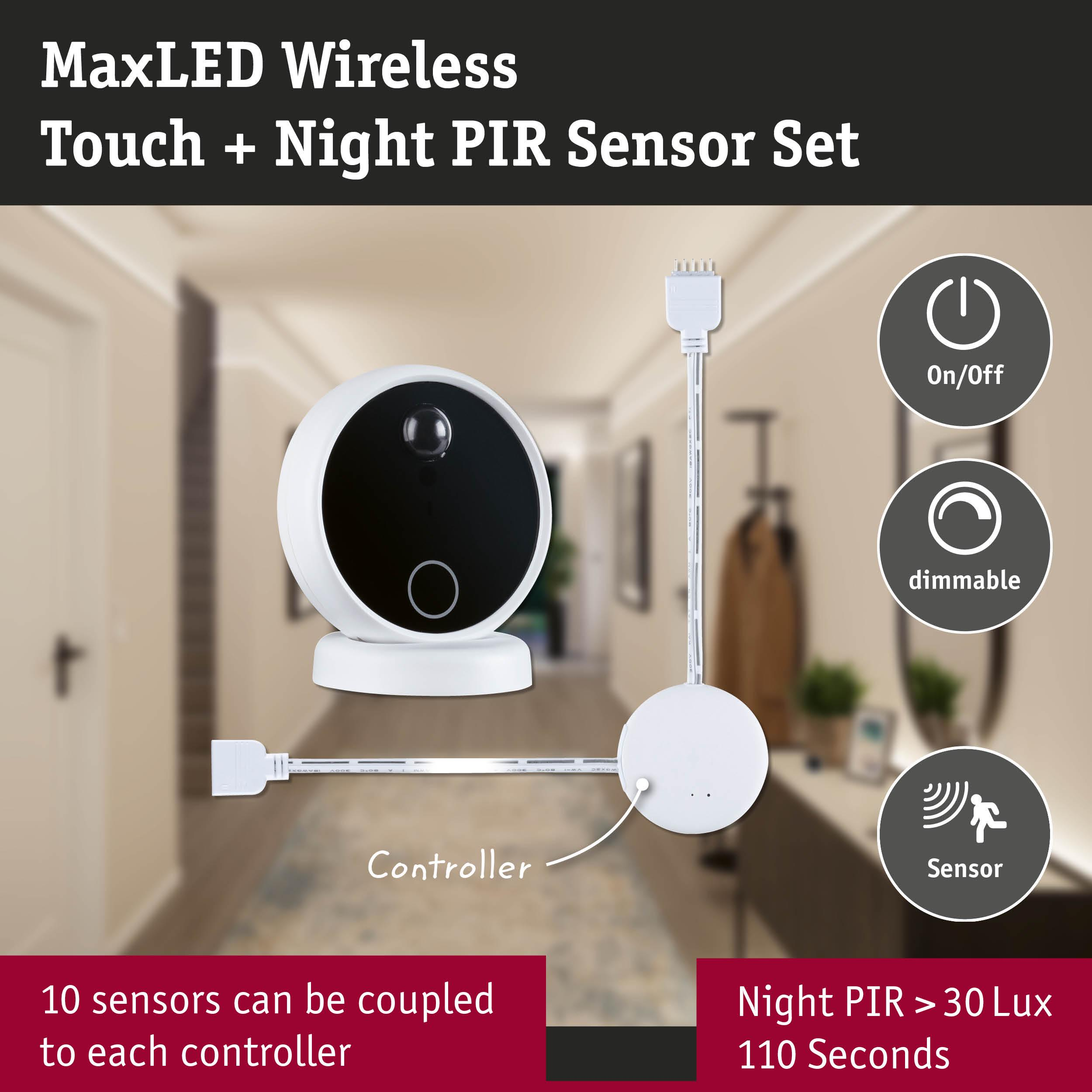 MaxLED kabelloses Touch + Nacht PIR-Sensor-Set mit Controller und Sensor.