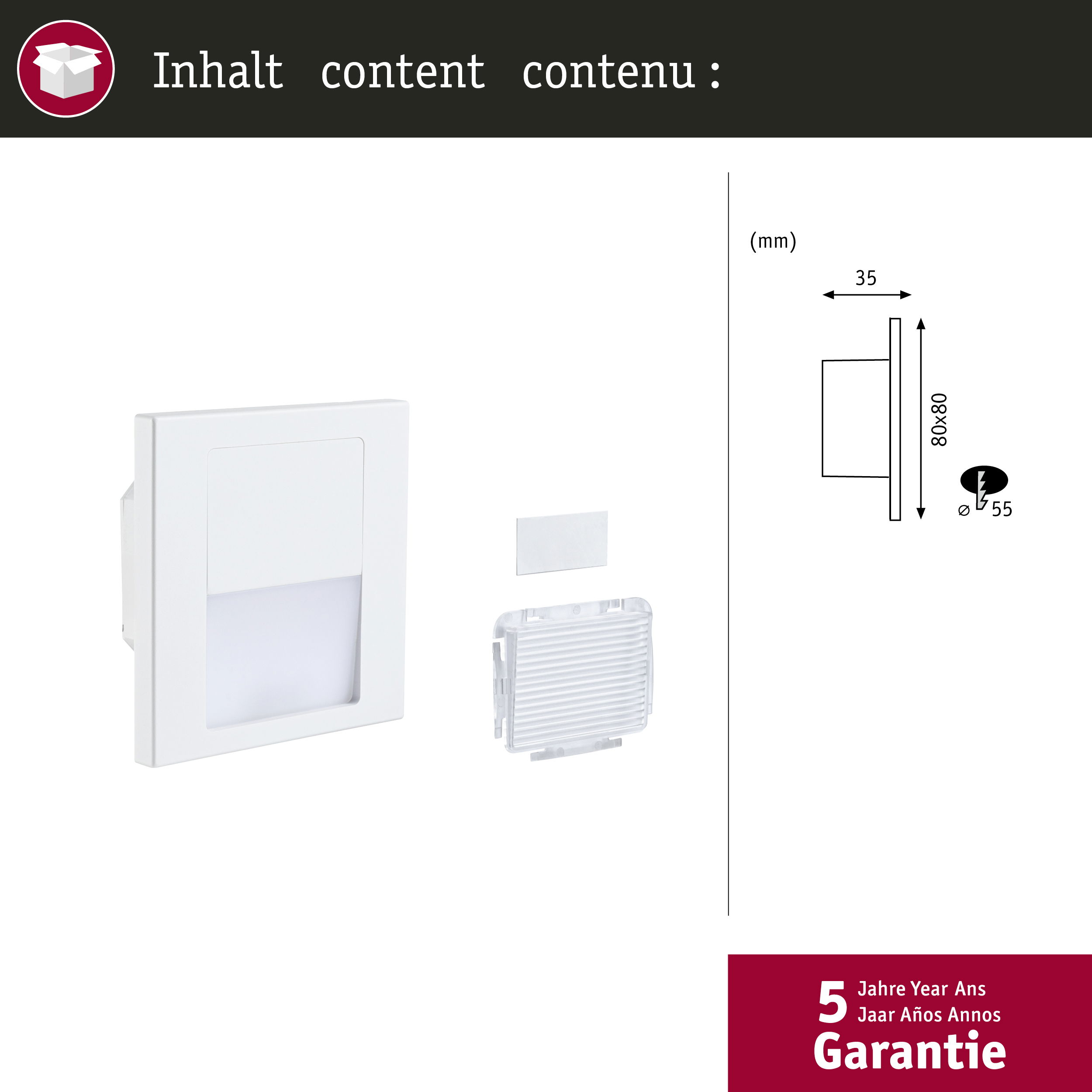 Ein weißes Einbaulicht mit klarem Schutzgitter und technische Maße.