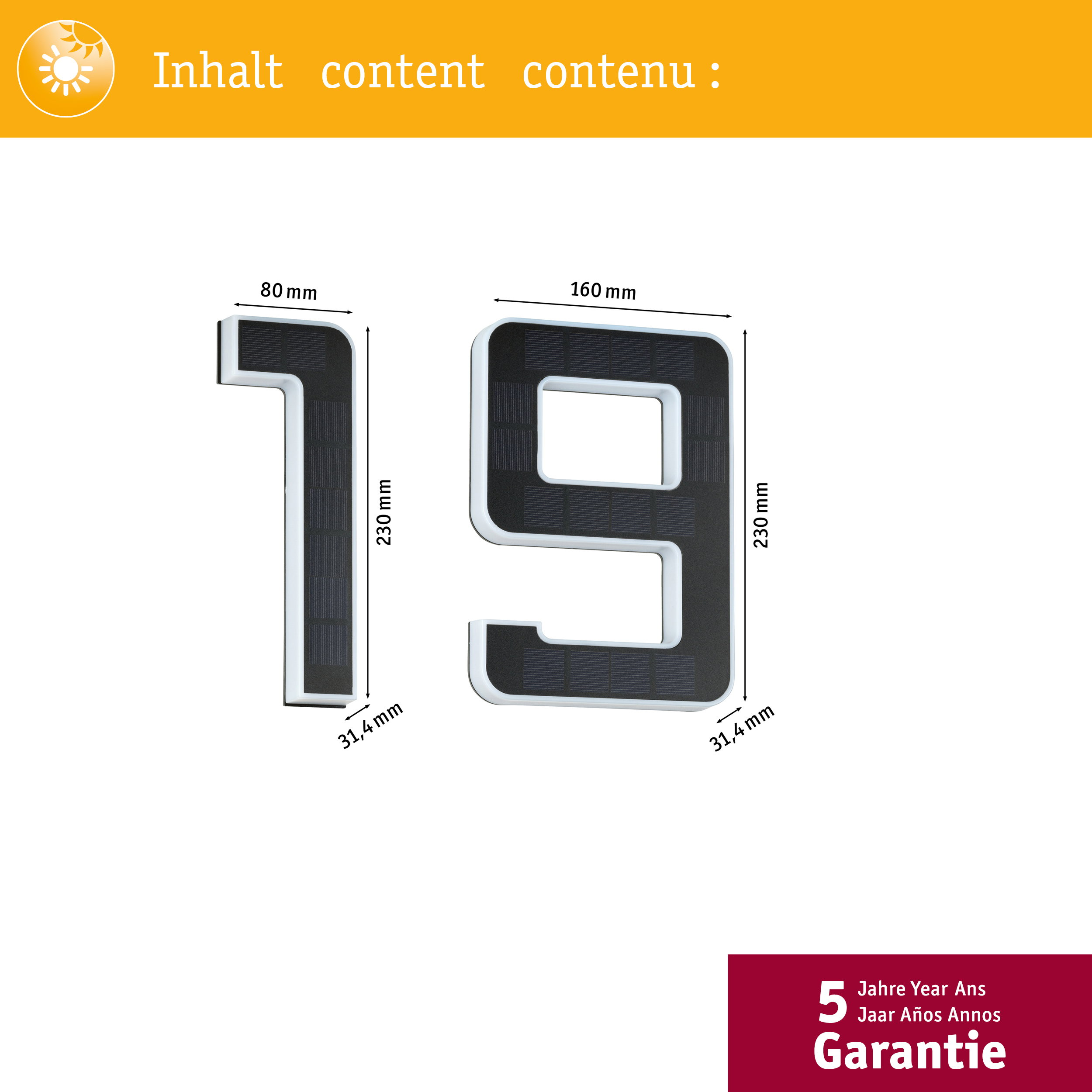 Dwa solarne numery 1 i 9 z wymiarami i informacją o gwarancji.