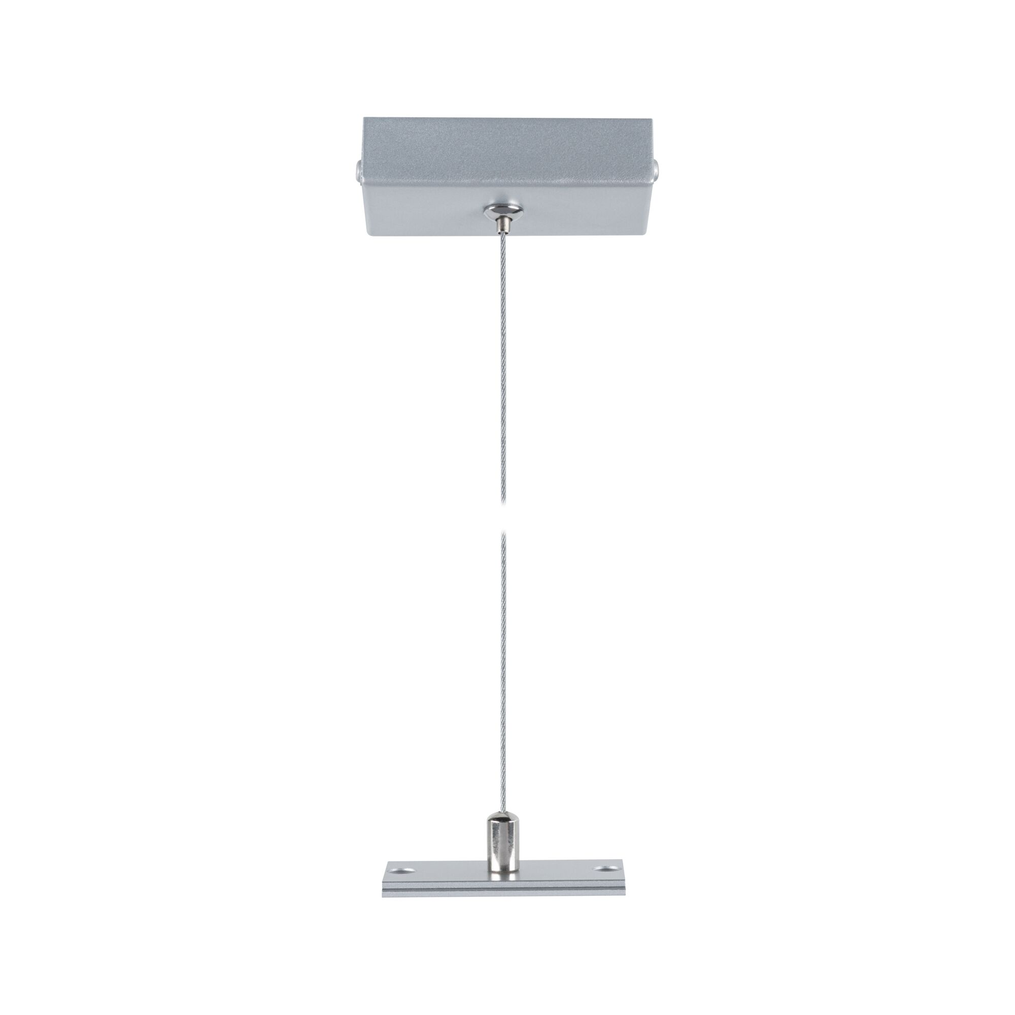 Ein silbernes Kabel hängt von einer Deckenhalterung zu einer Bodenhalterung.