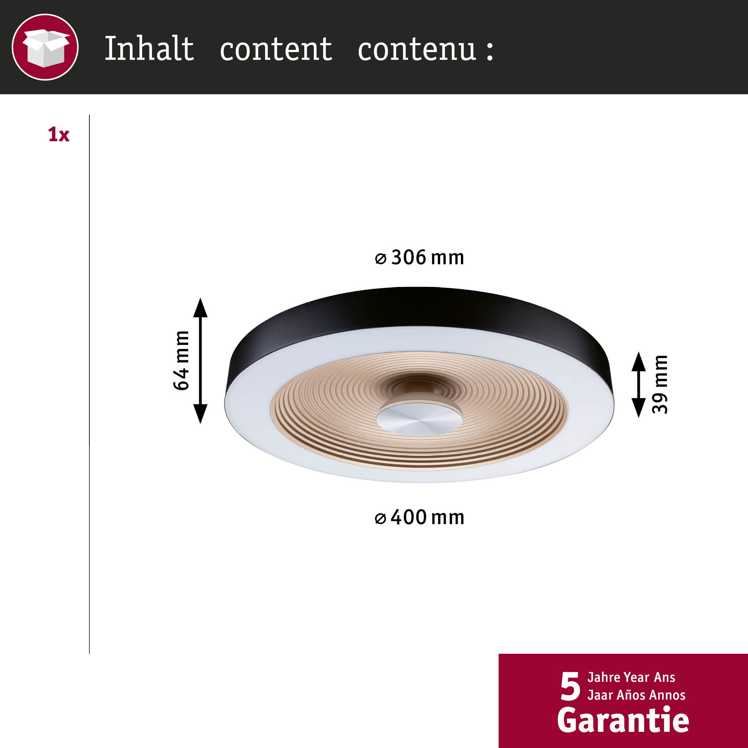 Ein runder Deckenventilator mit Beleuchtung, Ø 400 mm.