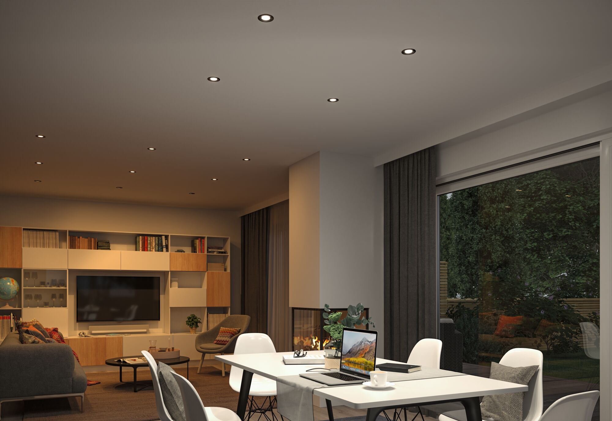 Nowoczesny salon z jadalnią, kominkiem i widokiem na zewnątrz.