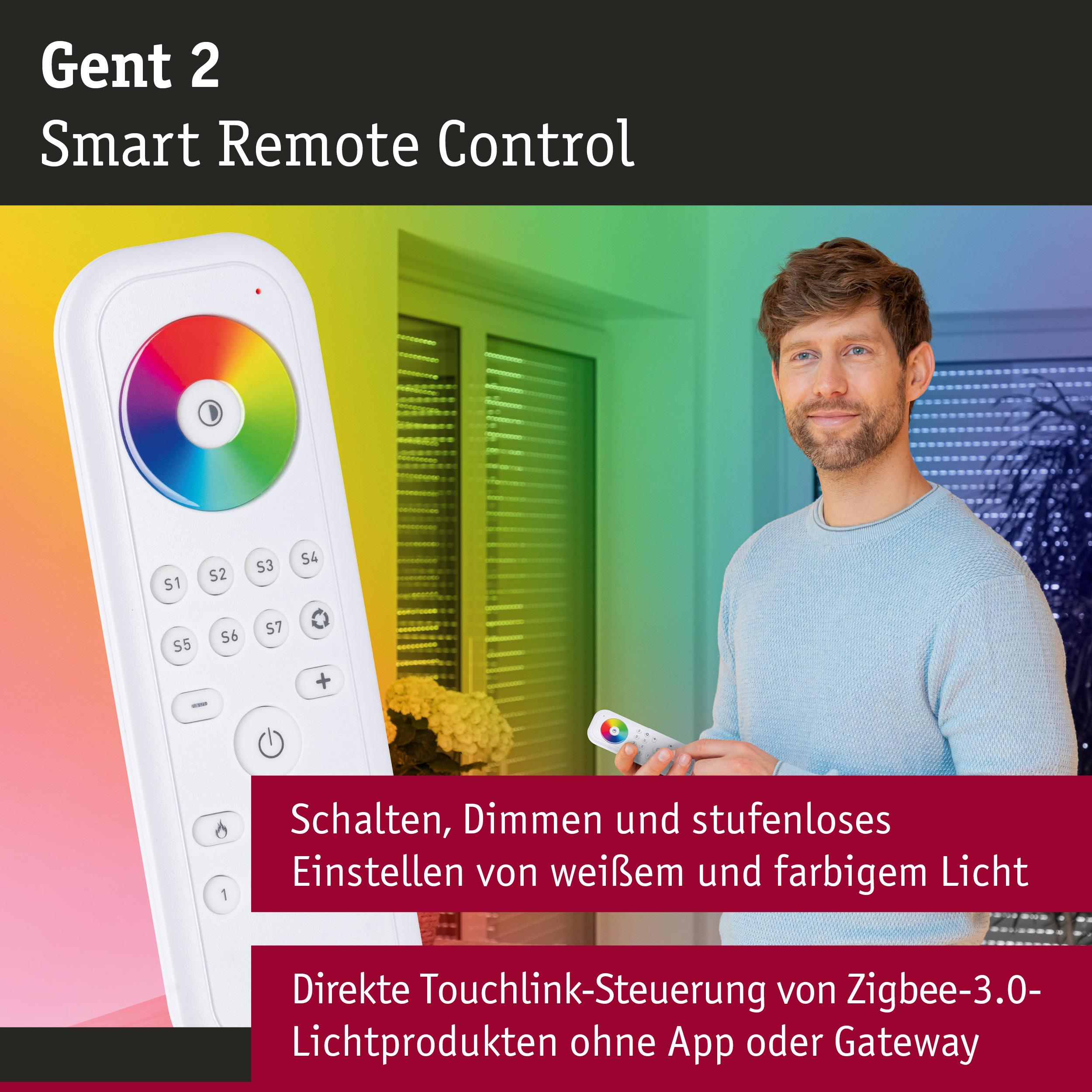 Mężczyzna trzyma biały pilot z kołem kolorów przed roletami. Tekst: Gent 2 Smart Remote Control.