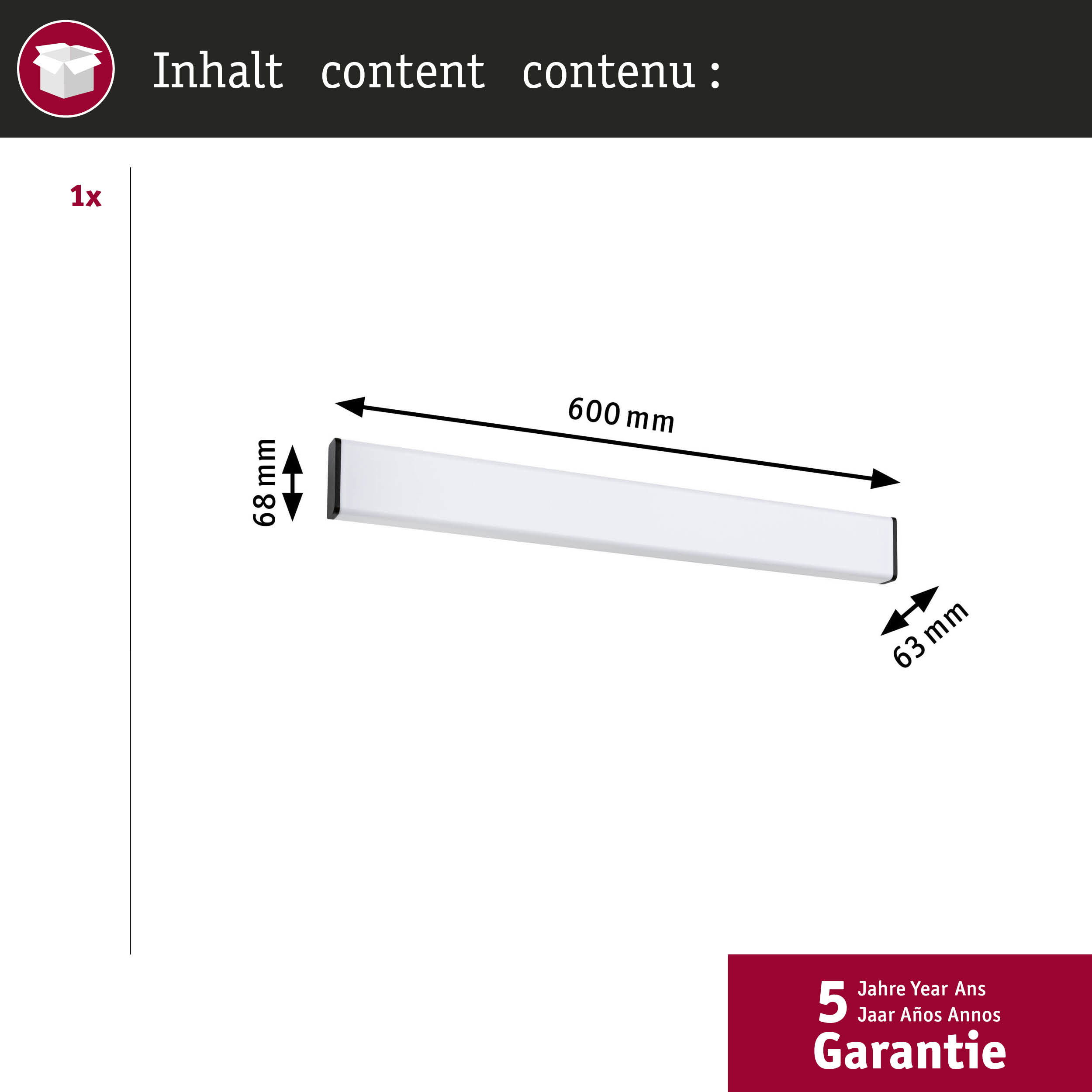 Ein 600 mm langes, 68 mm hohes und 63 mm breites weißes Objekt mit Garantie.