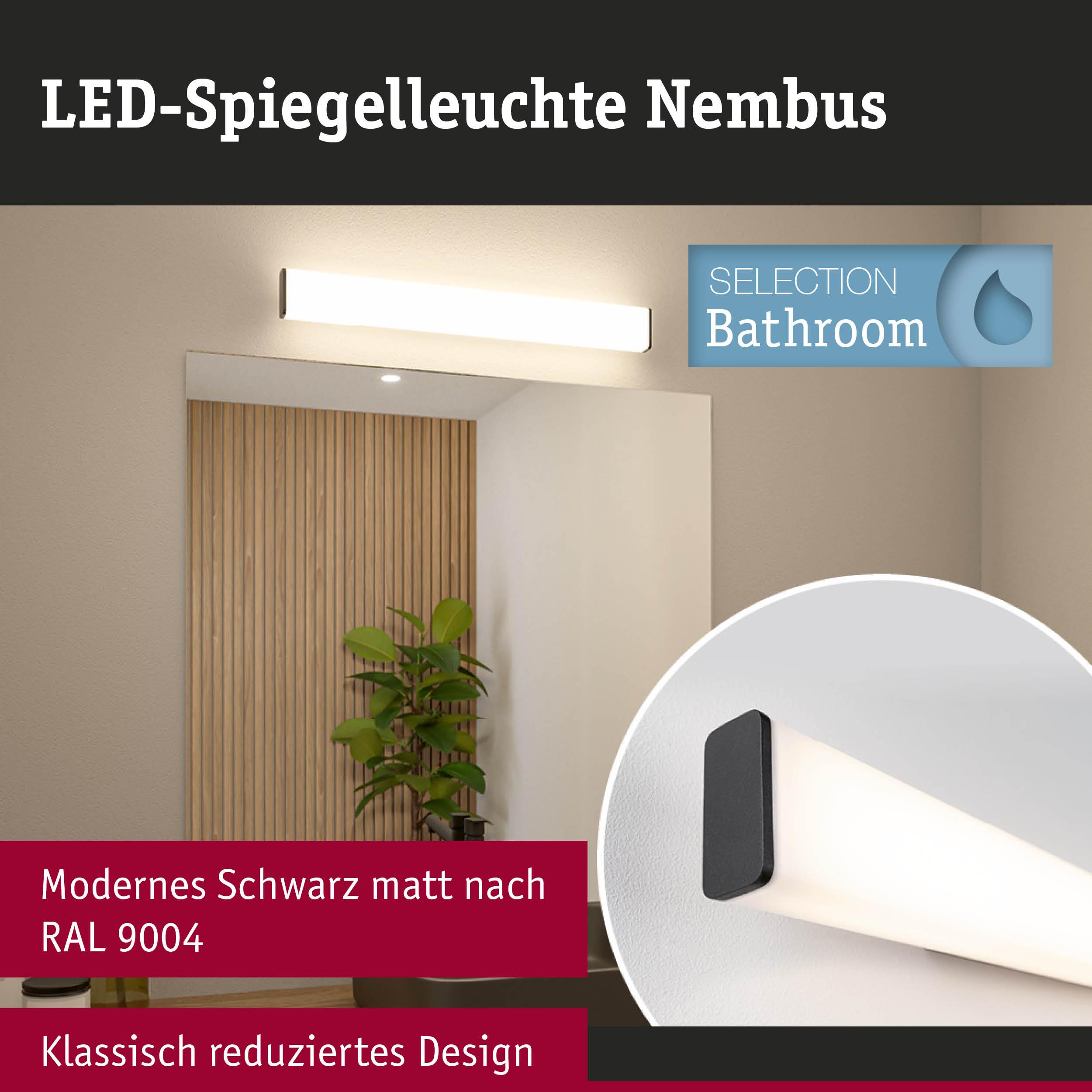 Moderne LED-Spiegelleuchte in mattem Schwarz (RAL 9004) mit klarem Design.