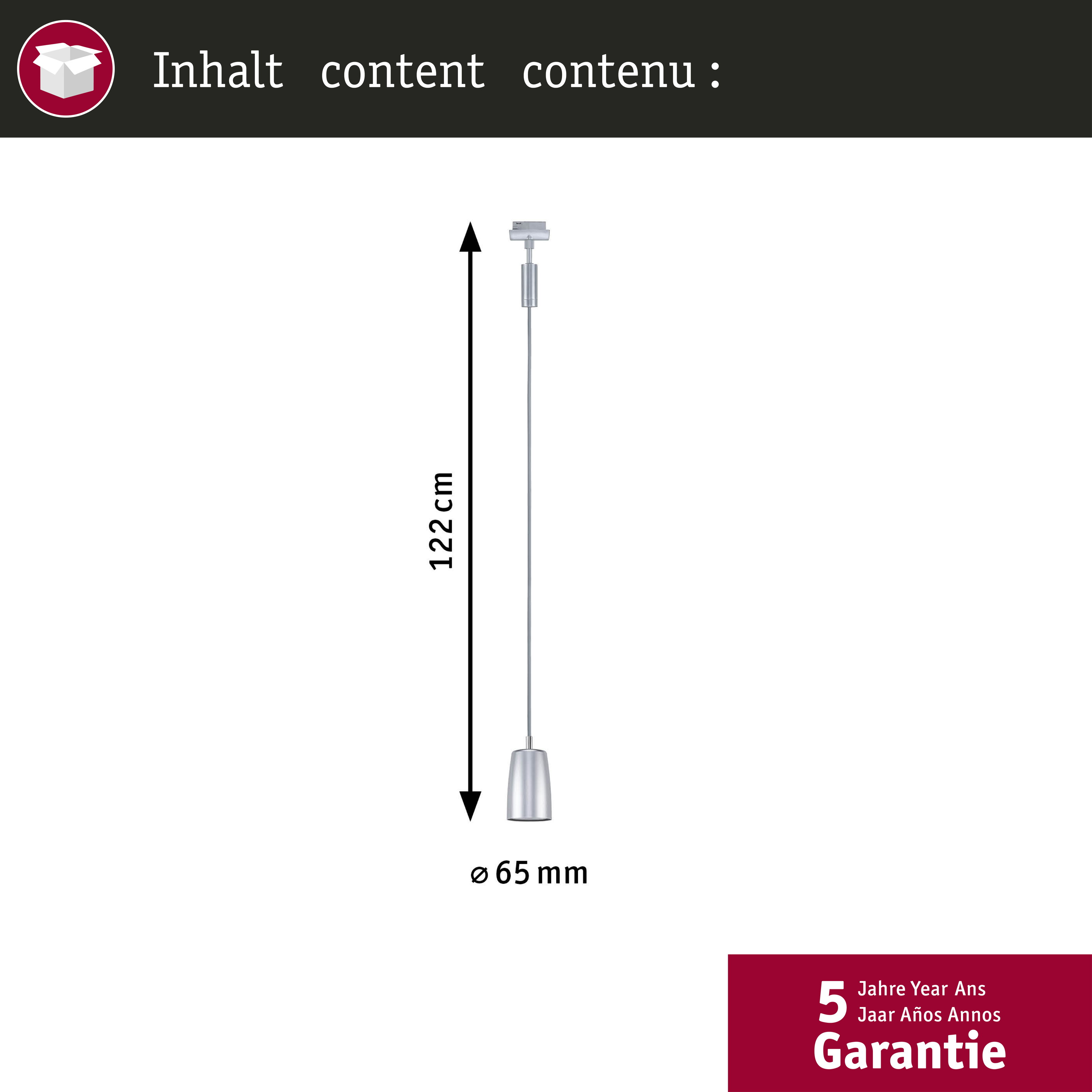 Eine silberne Pendelleuchte mit 65 mm Durchmesser und 122 cm Länge.