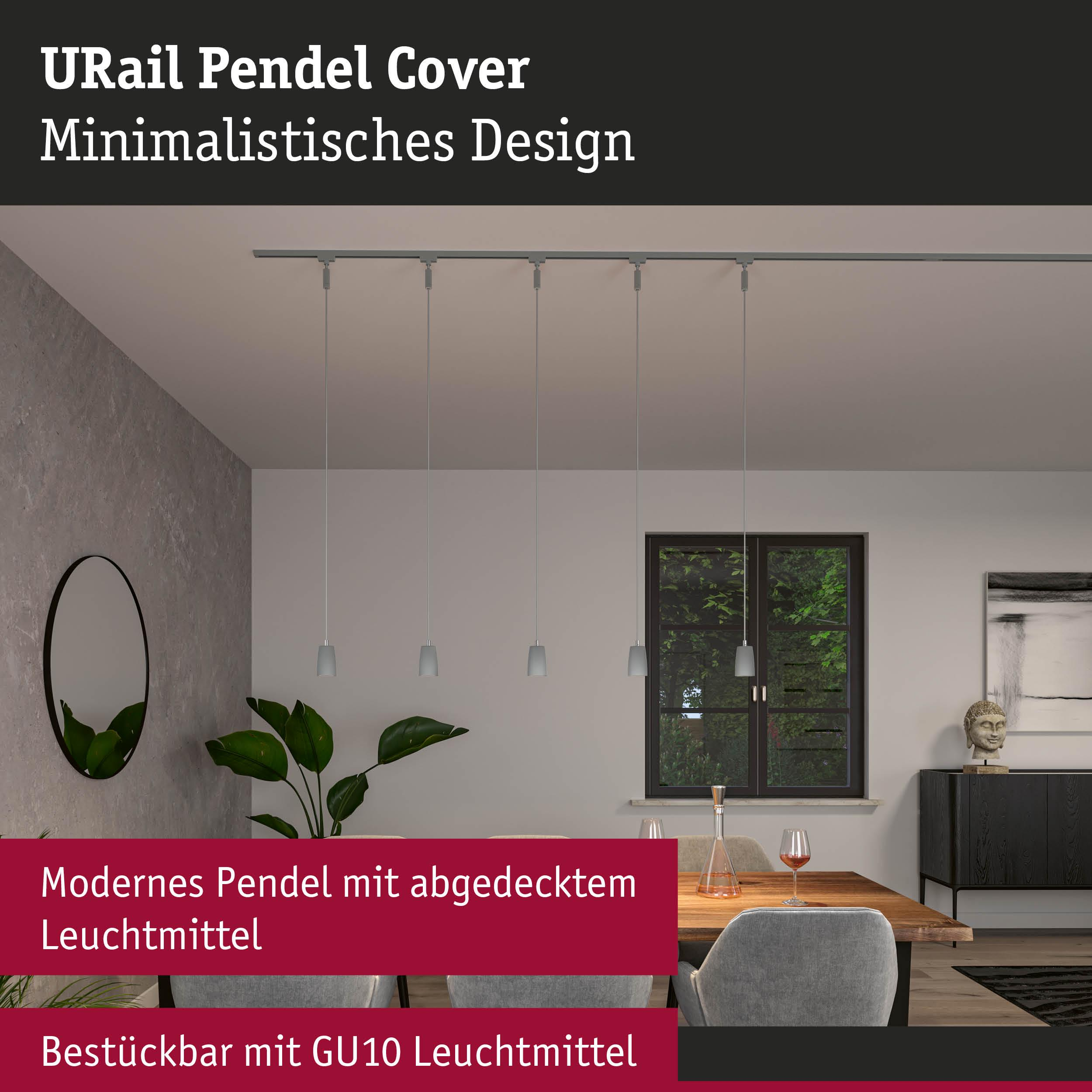 Moderner Essbereich mit Pendelleuchten über Holztisch, Spiegel und Kunstwerk.