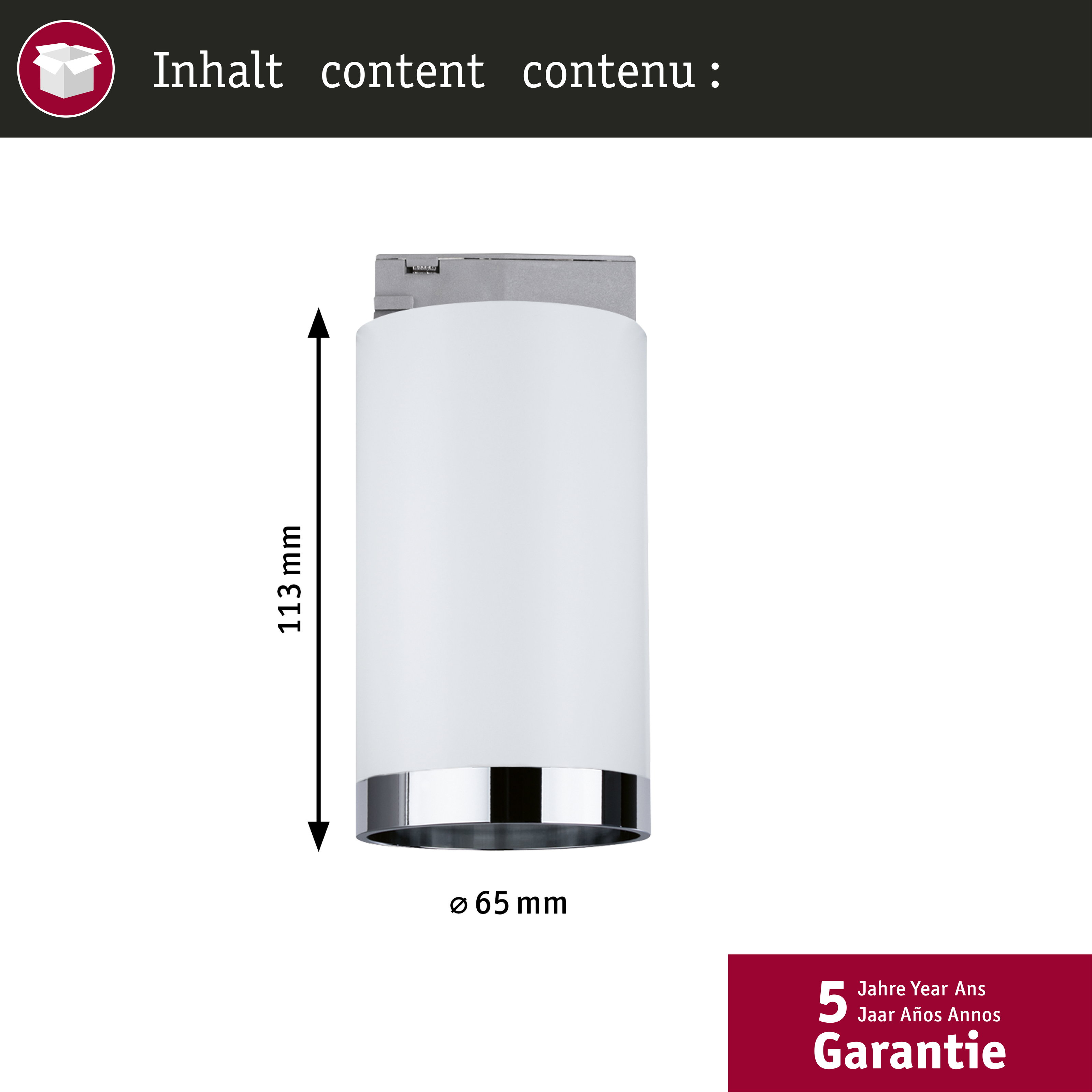 Weiße zylindrische Leuchte mit Chromrand, H: 113mm, D: 65mm. 5 Jahre Garantie.