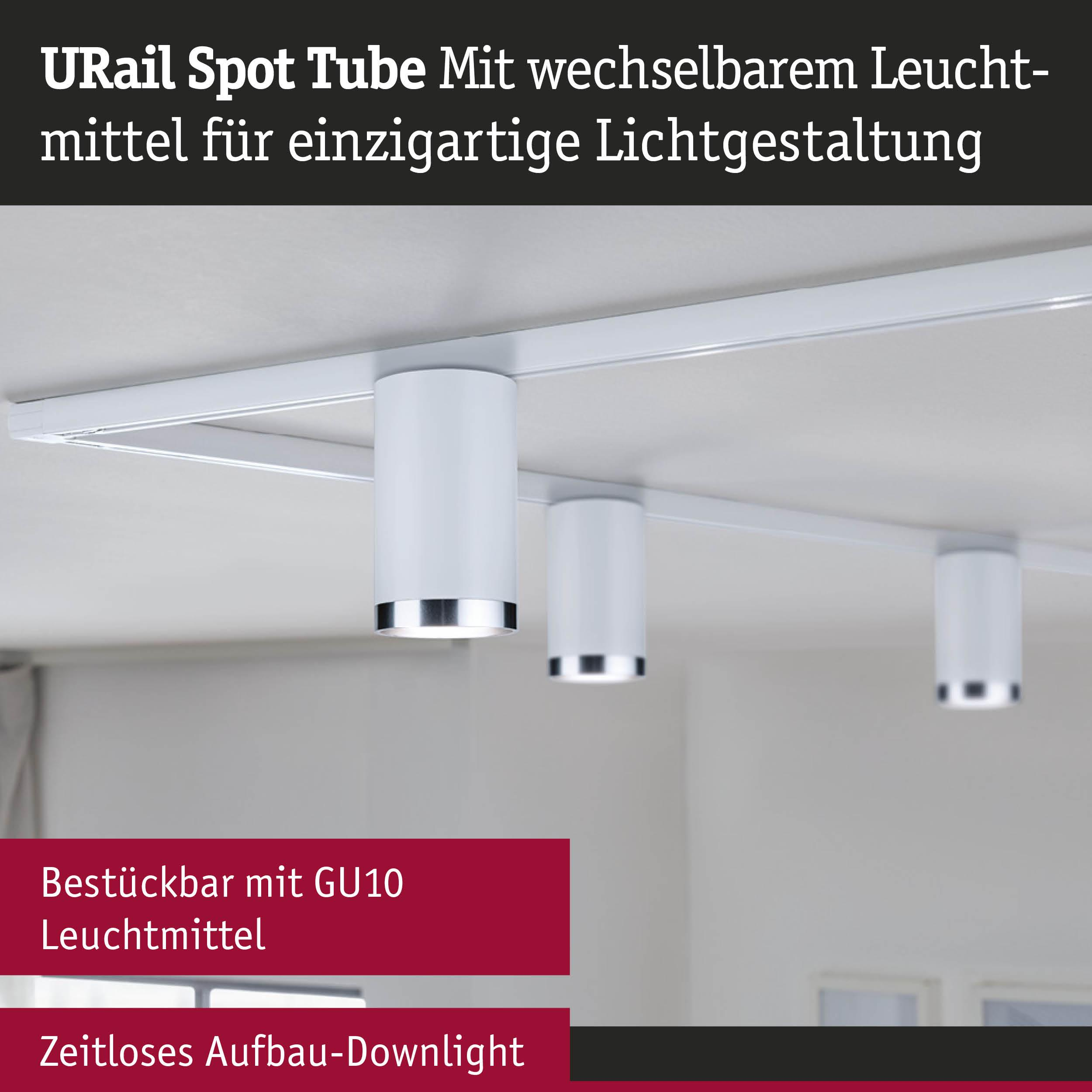 Weiße URail Spot Tube Leuchten mit silbernen Akzenten an der Decke.