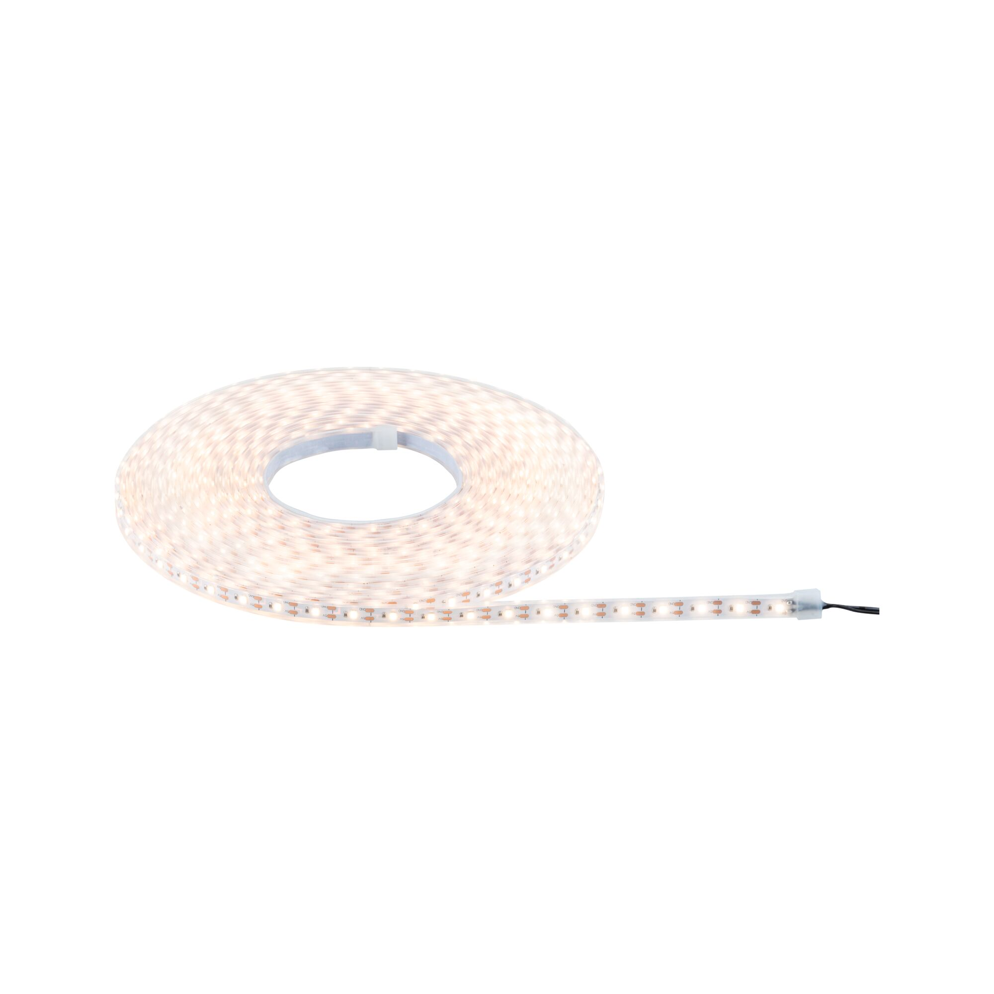 Eine aufgerollte weiße LED-Lichtleiste mit einem Kabel.