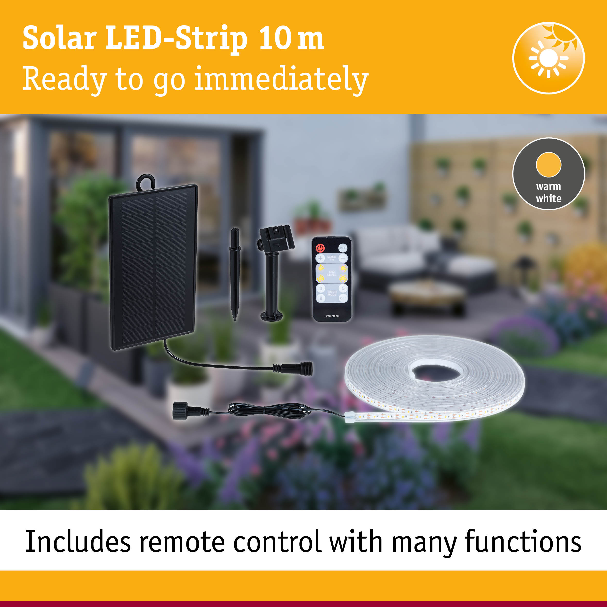 Solar-LED-Streifen mit Fernbedienung und Solarpanel.